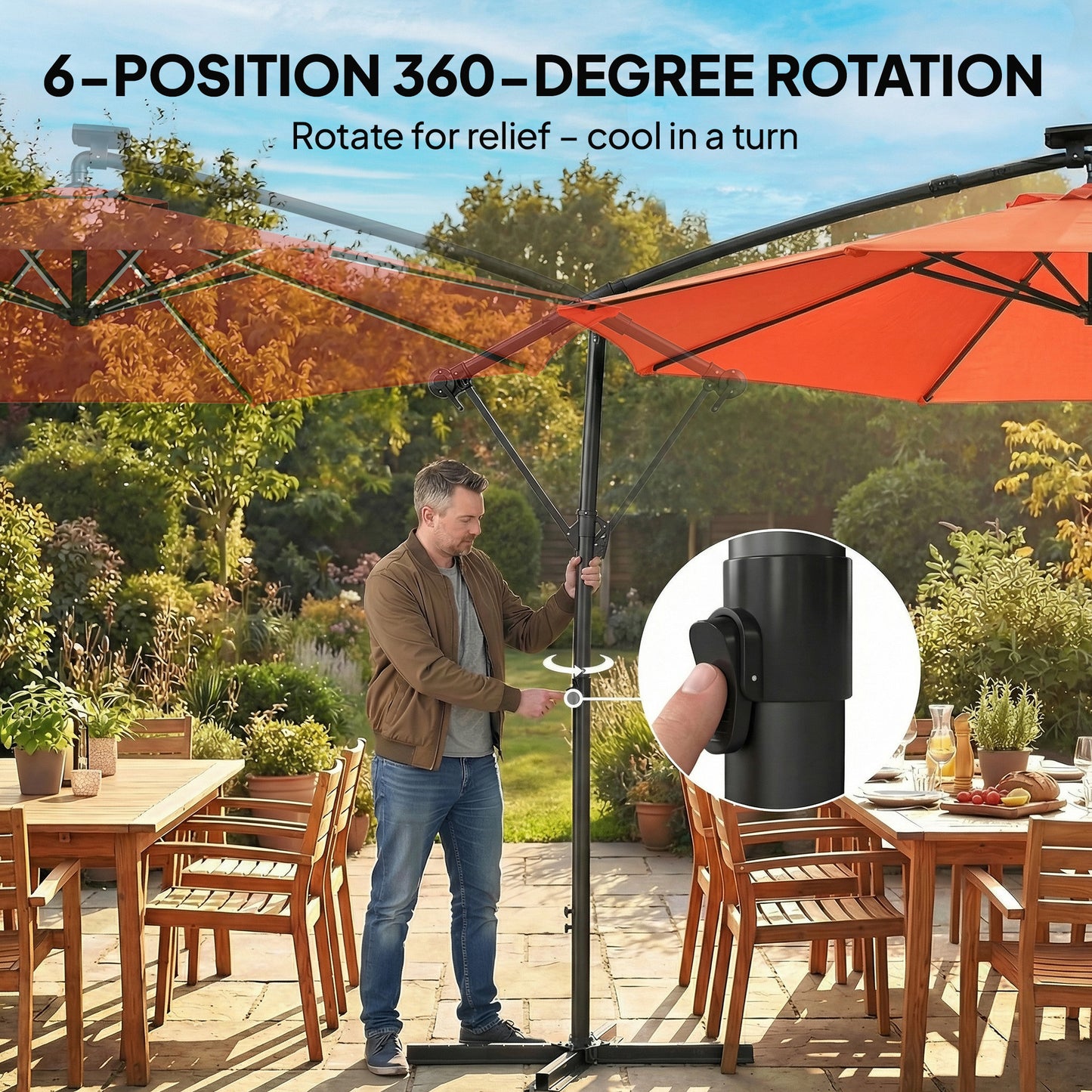 Outsunny 3 m Cantilever Garden Parasol With LED Solar Lights Round Umbrella 360 Degree Rotation Cover Orange