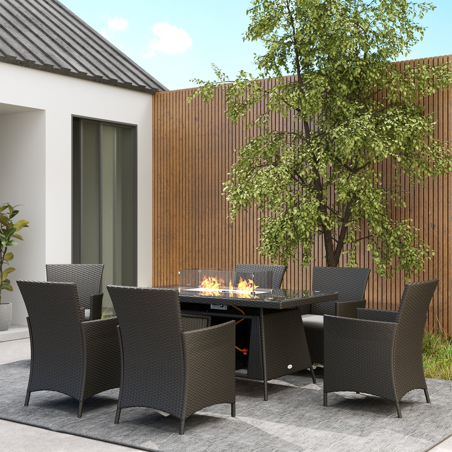 Outsunny 7 Piece Outdoor Rattan Garden Furniture Set With Fire Pit Table 6 Chairs 50000 BTU Propane Heater Black
