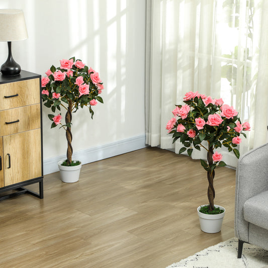 Outsunny Set Of 2 Artificial Pink Rose Plants In Pots 90cm Tall For Home Indoor Decor