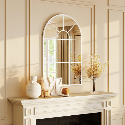 HOMCOM 90 x 61 cm Arched Grid Mirror White Wall Mounted With Metal Frame And Hooks