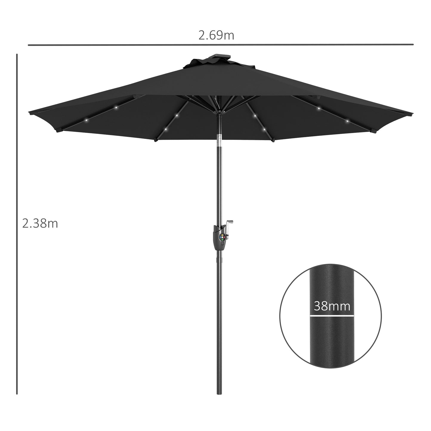 Outsunny Solar-Powered LED Garden Umbrella with Adjustable Tilt and Hand Crank, 2.7m Outdoor Patio Shade, Black - ALL4U RETAILER LTD