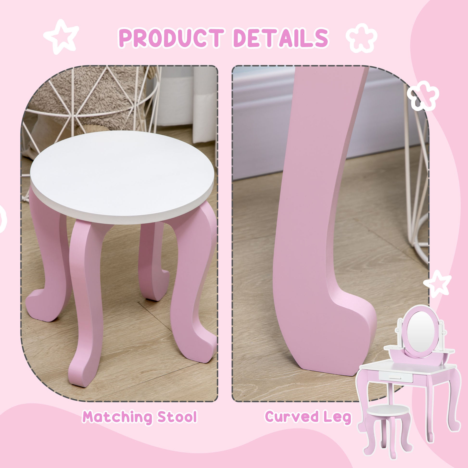 ZONEKIZ Kids Dressing Table Set Vanity Girl Makeup Desk Mirror Stool Drawer Round Legs 3-6 Years Pink - ALL4U RETAILER LTD