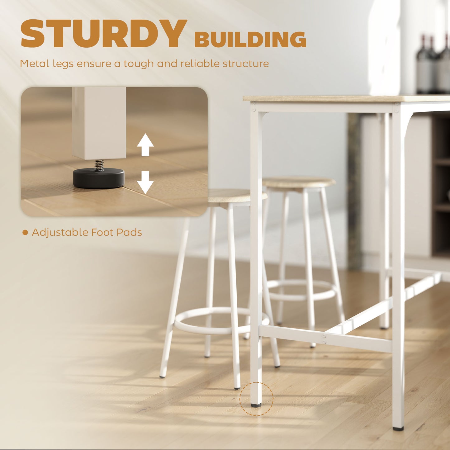 HOMCOM Five Piece Bar Table Set For Four With Stools Metal Frame Footrest Natural Wood