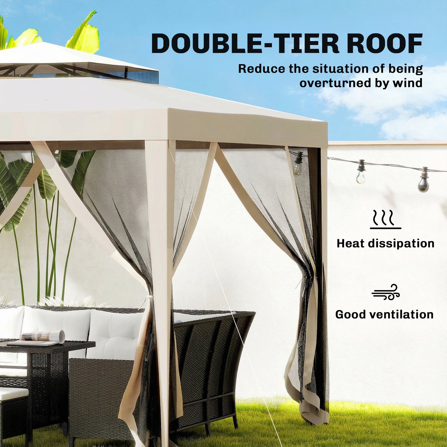 Outsunny 3 X 3 M Gazebo With Netting Party Tent And Double Tier Roof Beige Outdoor Event Shelter