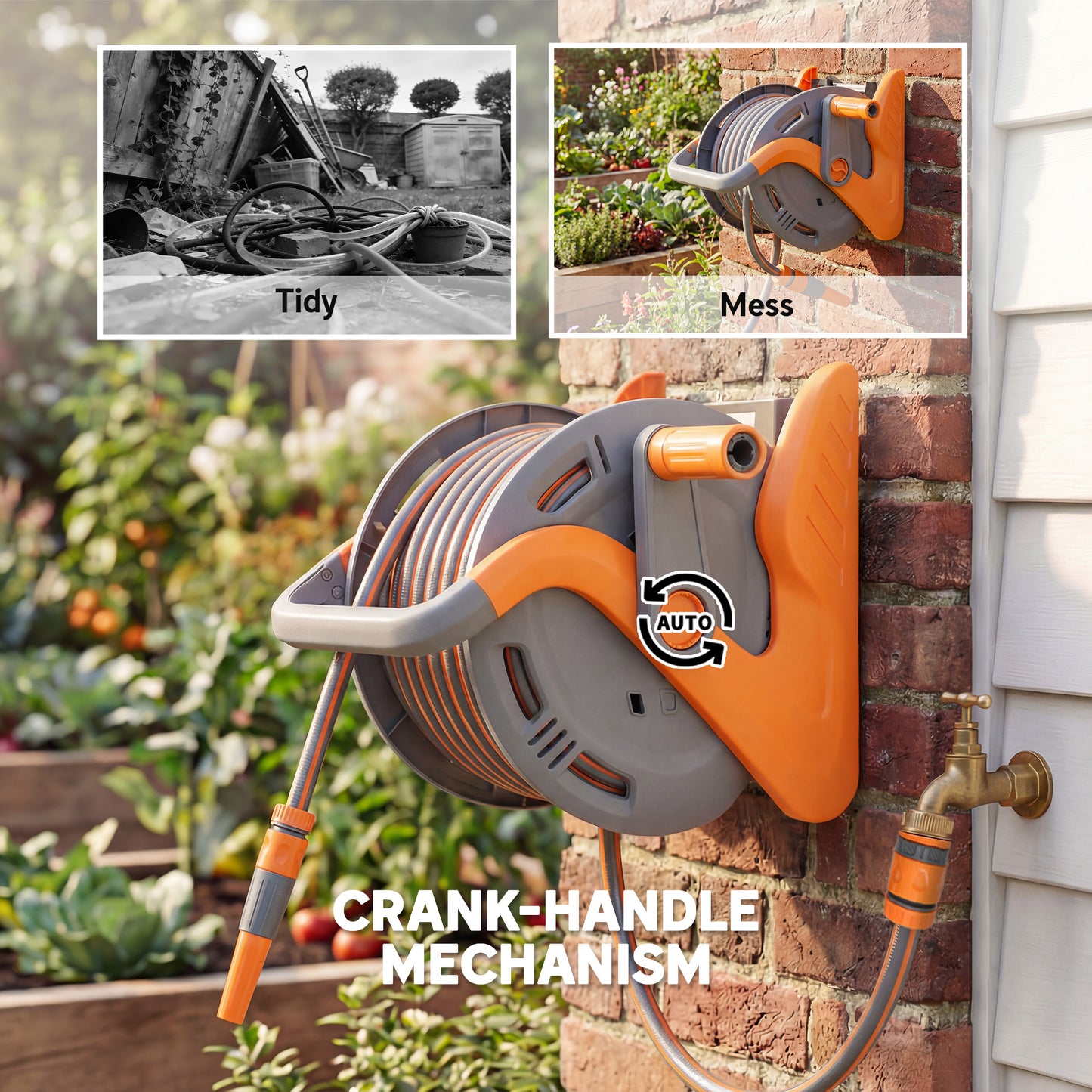 Outsunny Wall Mounted Garden Hose Reel 20m Plus 2m With Crank Handle And Dual Pattern Spray Nozzle Orange
