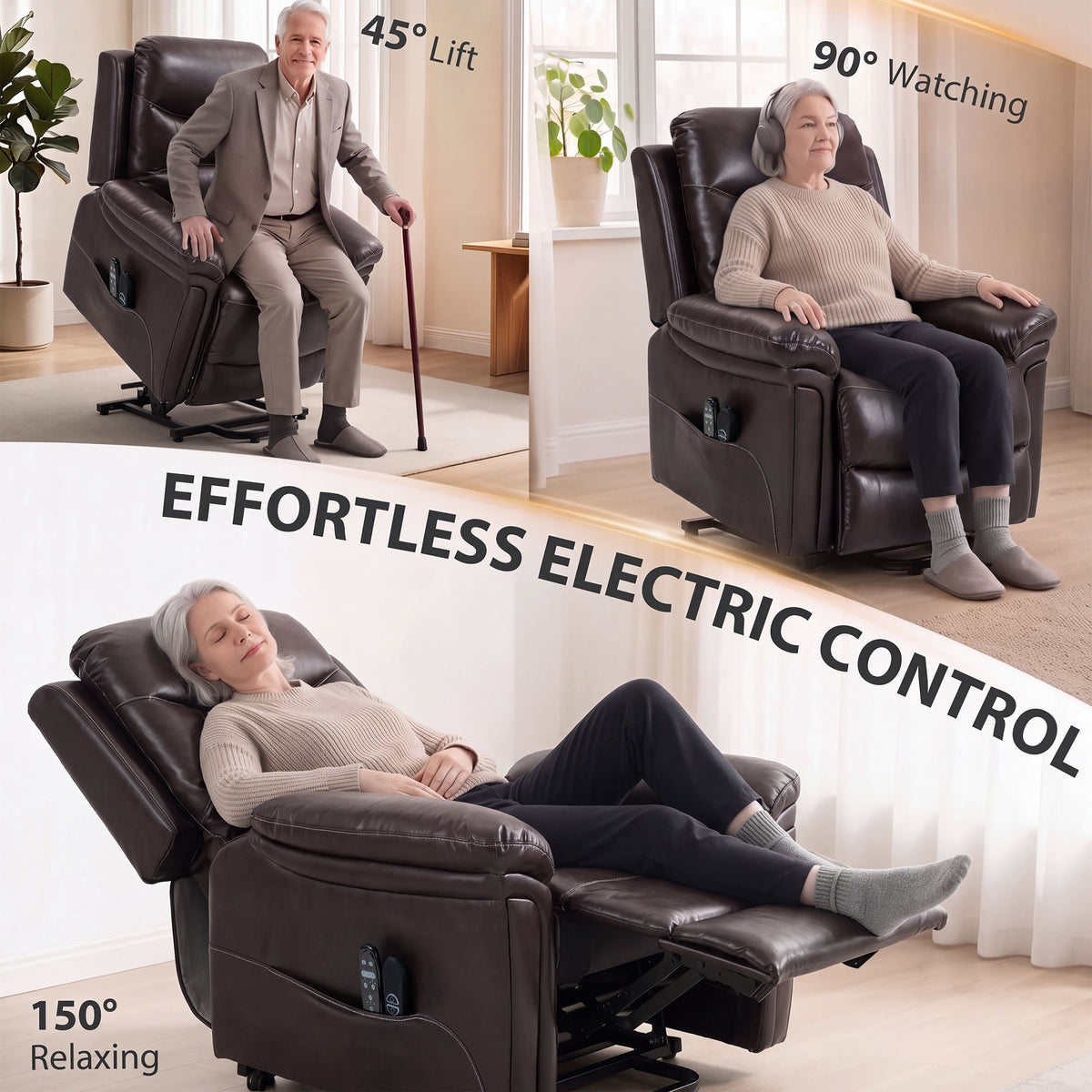 Brown electric recliner chair shown in multiple lift and recline positions with users.