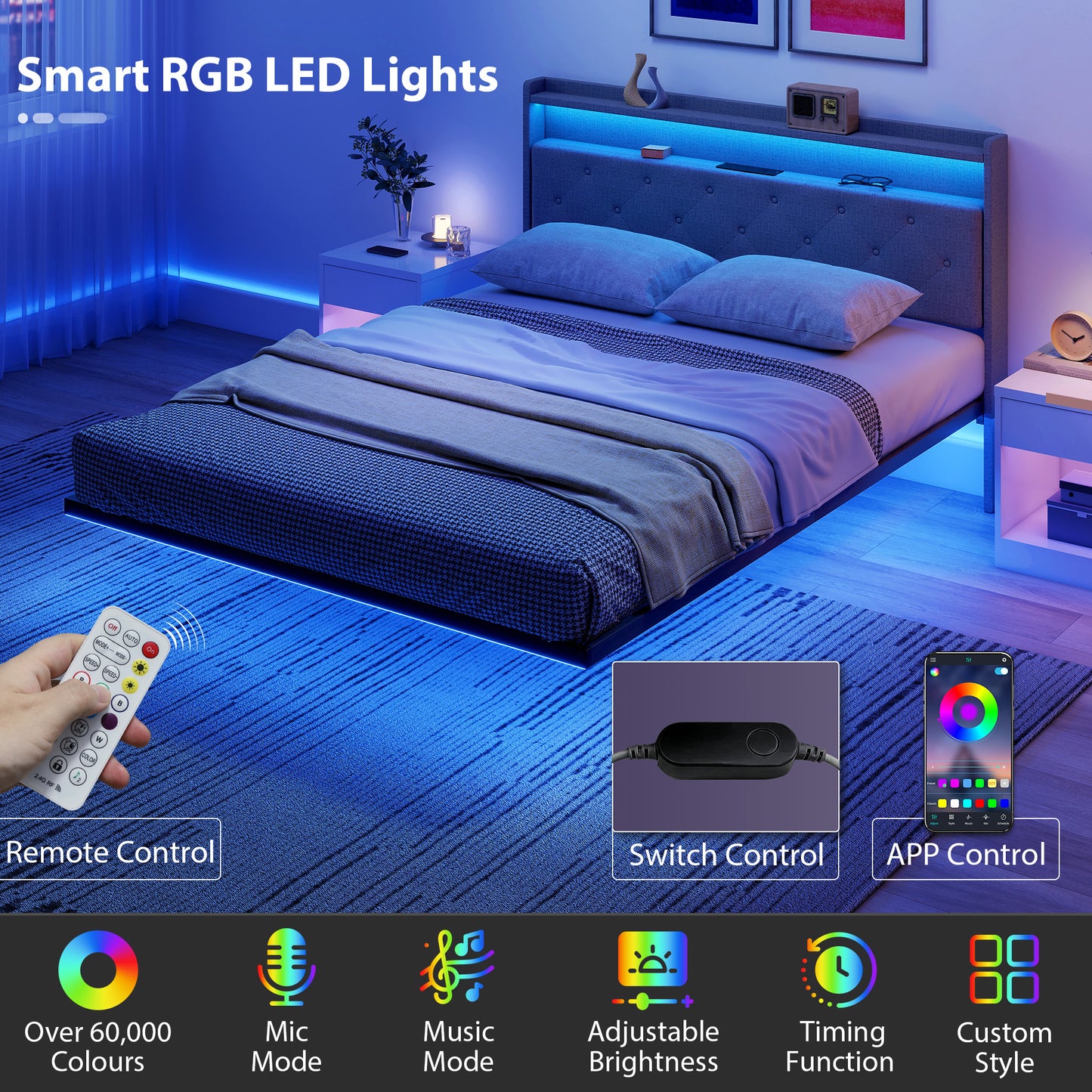 HOMCOM Floating Bed Frame With Upholstered Headboard King Size 5Ft Platform Bed RGB LED Lights And Charging Station Grey