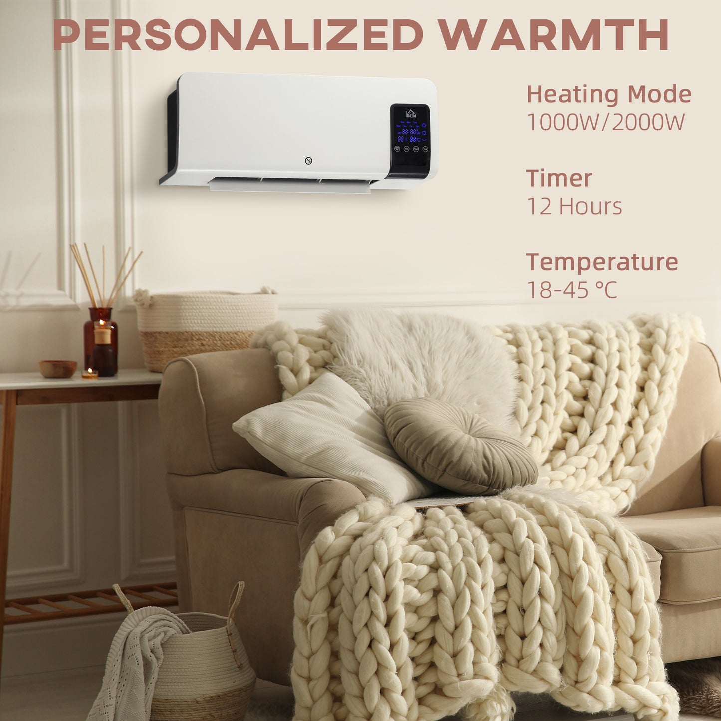 HOMCOM 2000W Wall Mounted Heater With Adjustable Temperature 18 To 45 C White Oscillating Fan
