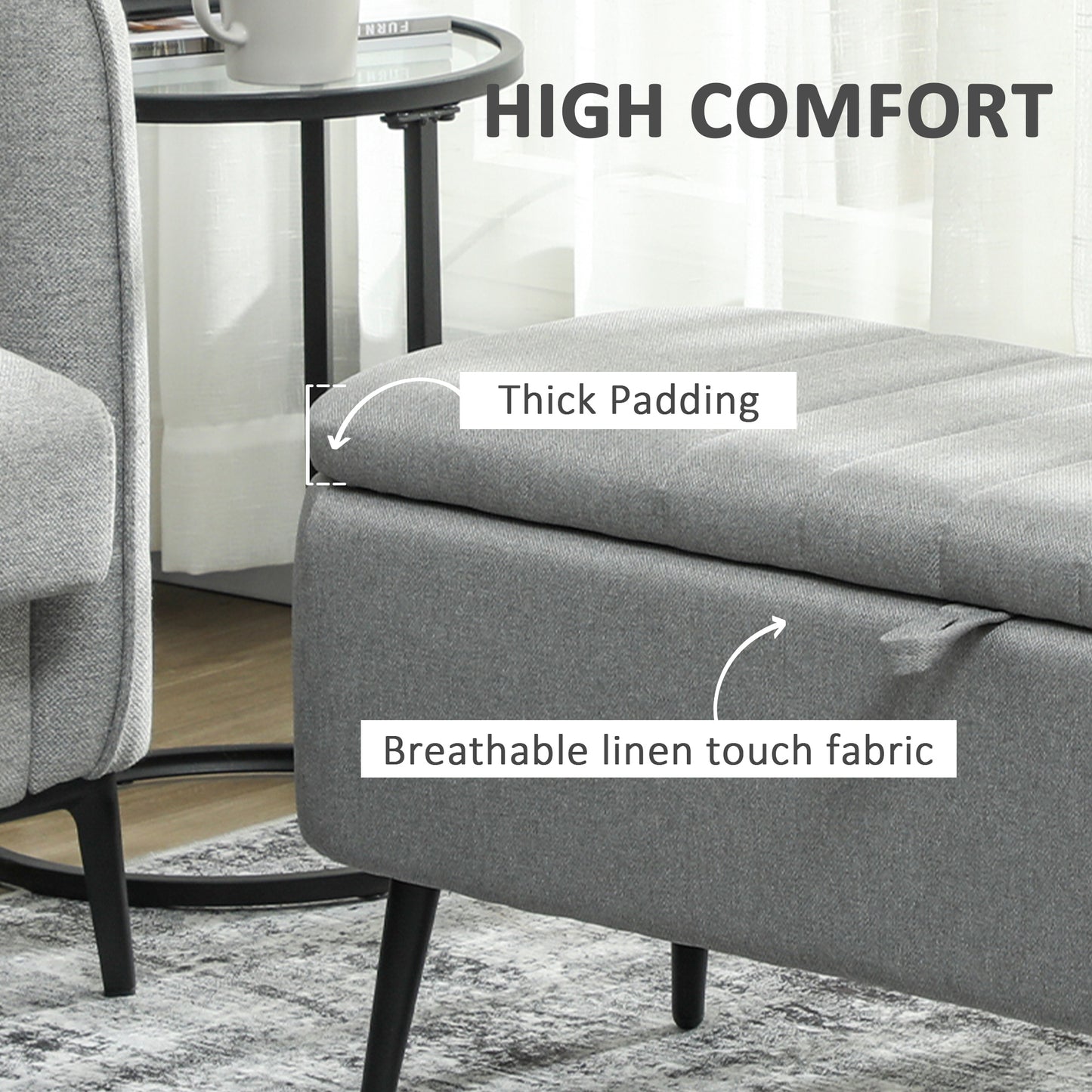 HOMCOM Linen-Look Storage Ottoman 92 x 31 cm Light Grey Padded Lid For Comfort And Hidden Storage