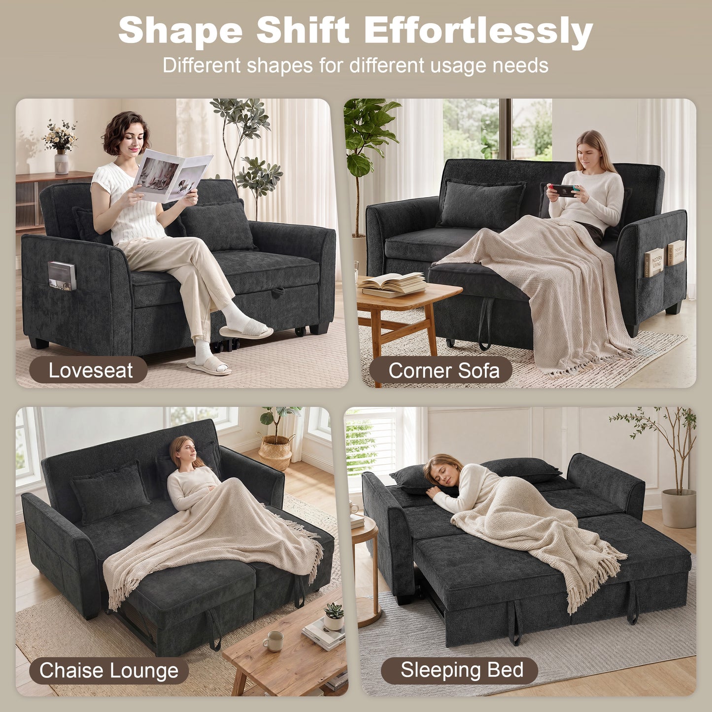 HOMCOM 2 Seater Sofa Bed 4 In 1 L Shaped Convertible Pull Out Sleeper With Adjustable Back And Side Pockets Black