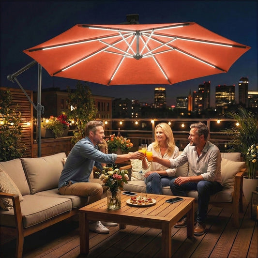 Outsunny 3 m Cantilever Garden Parasol With LED Solar Lights Round Umbrella 360 Degree Rotation Cover Orange
