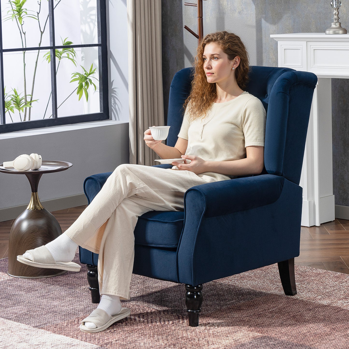 HOMCOM Wingback Accent Chair Retro Upholstered Button Tufted Occasional Chair For Living Room Bedroom Dark Blue