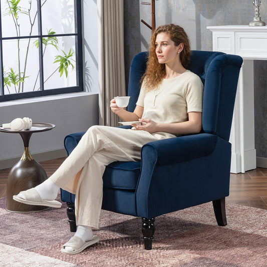 HOMCOM Wingback Accent Chair Retro Upholstered Button Tufted Occasional Chair For Living Room Bedroom Dark Blue