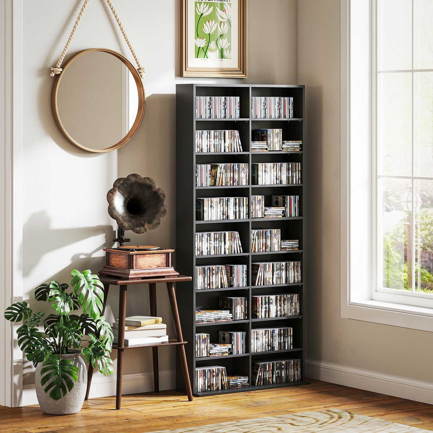 HOMCOM 640 CD Storage Tower Black With 14 Adjustable Shelves Holds 640 CDs Or 360 DVDs Anti Tipping