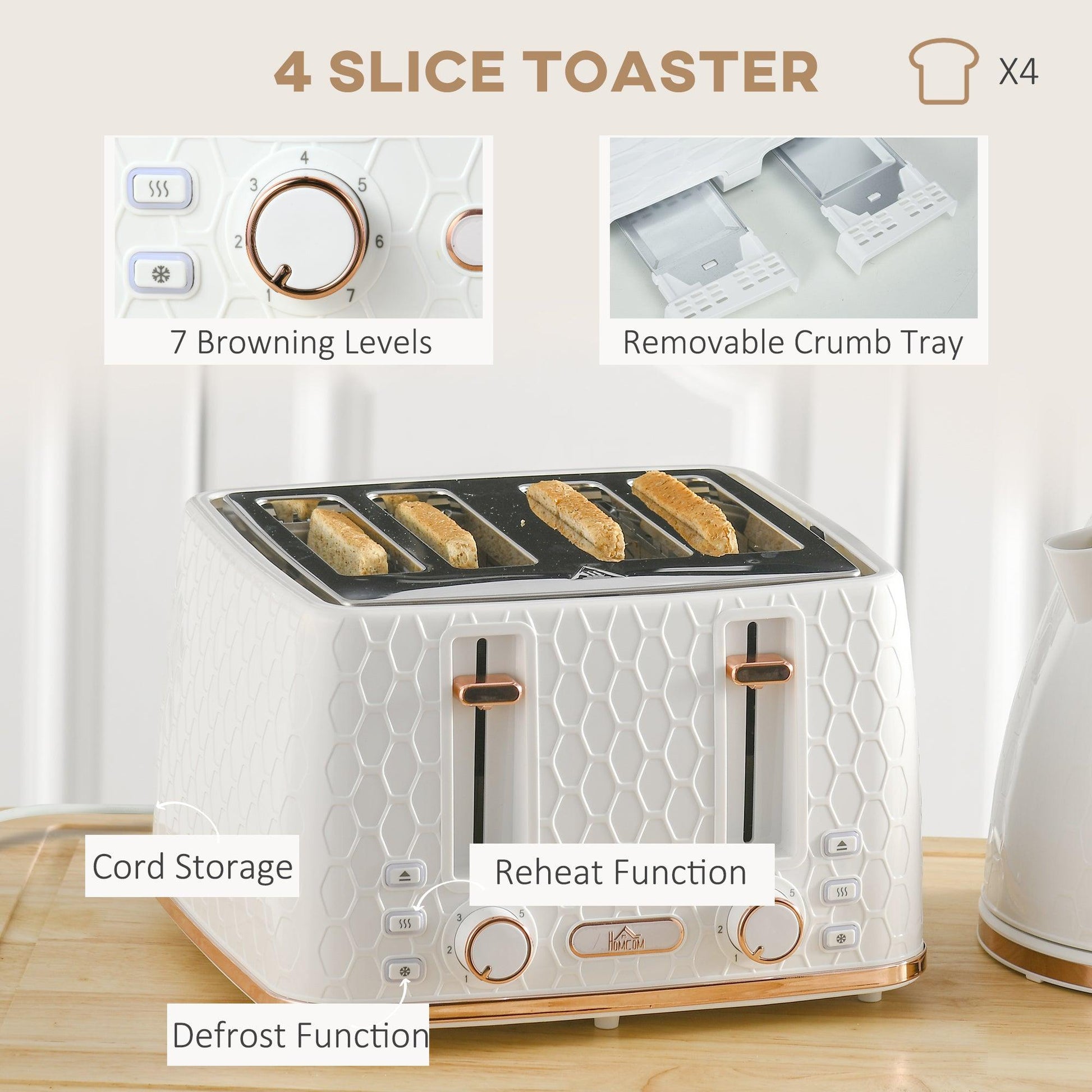 HOMCOM 1.7L Kettle and Toaster Set with Defrost, Reheat and Crumb Tray, White - ALL4U RETAILER LTD