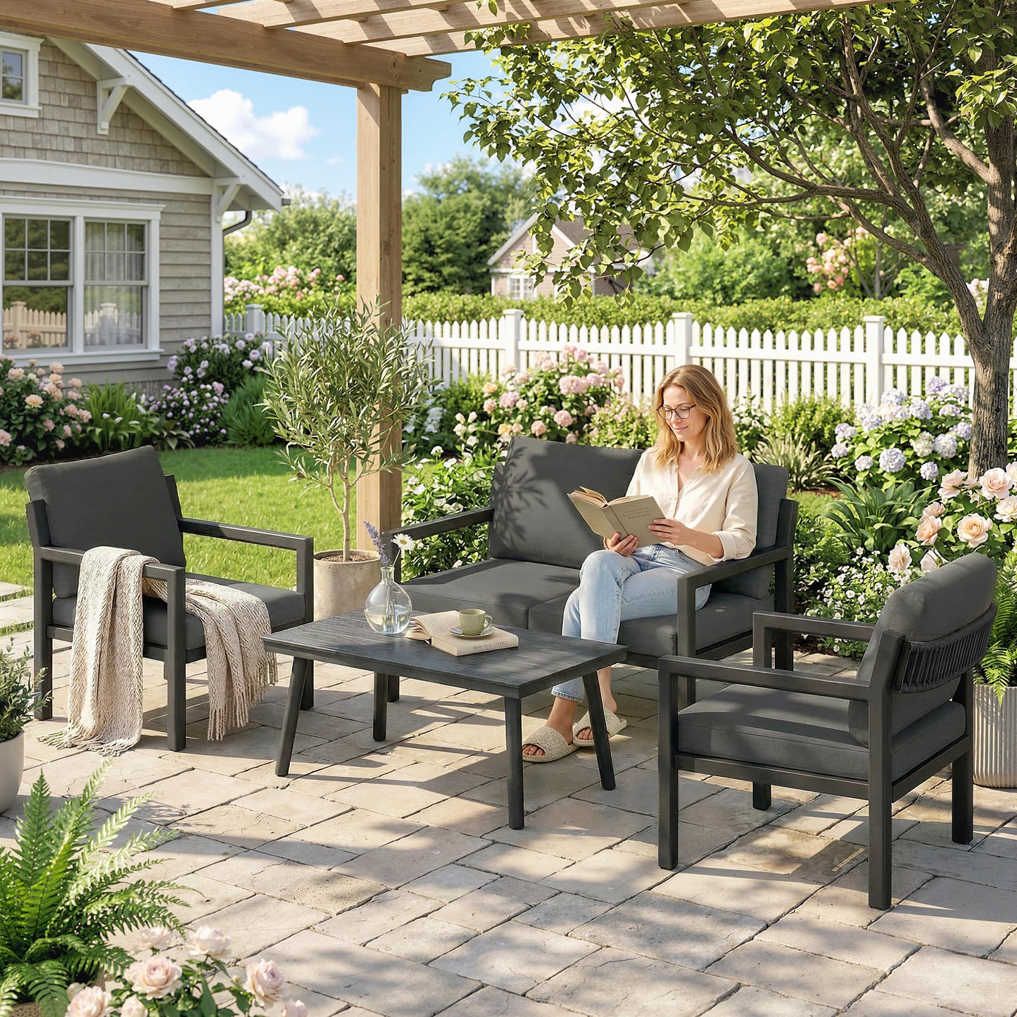 Outsunny 4 Seater Rattan Garden Furniture Set With 2 Armchairs Loveseat Coffee Table Cushions Dark Grey