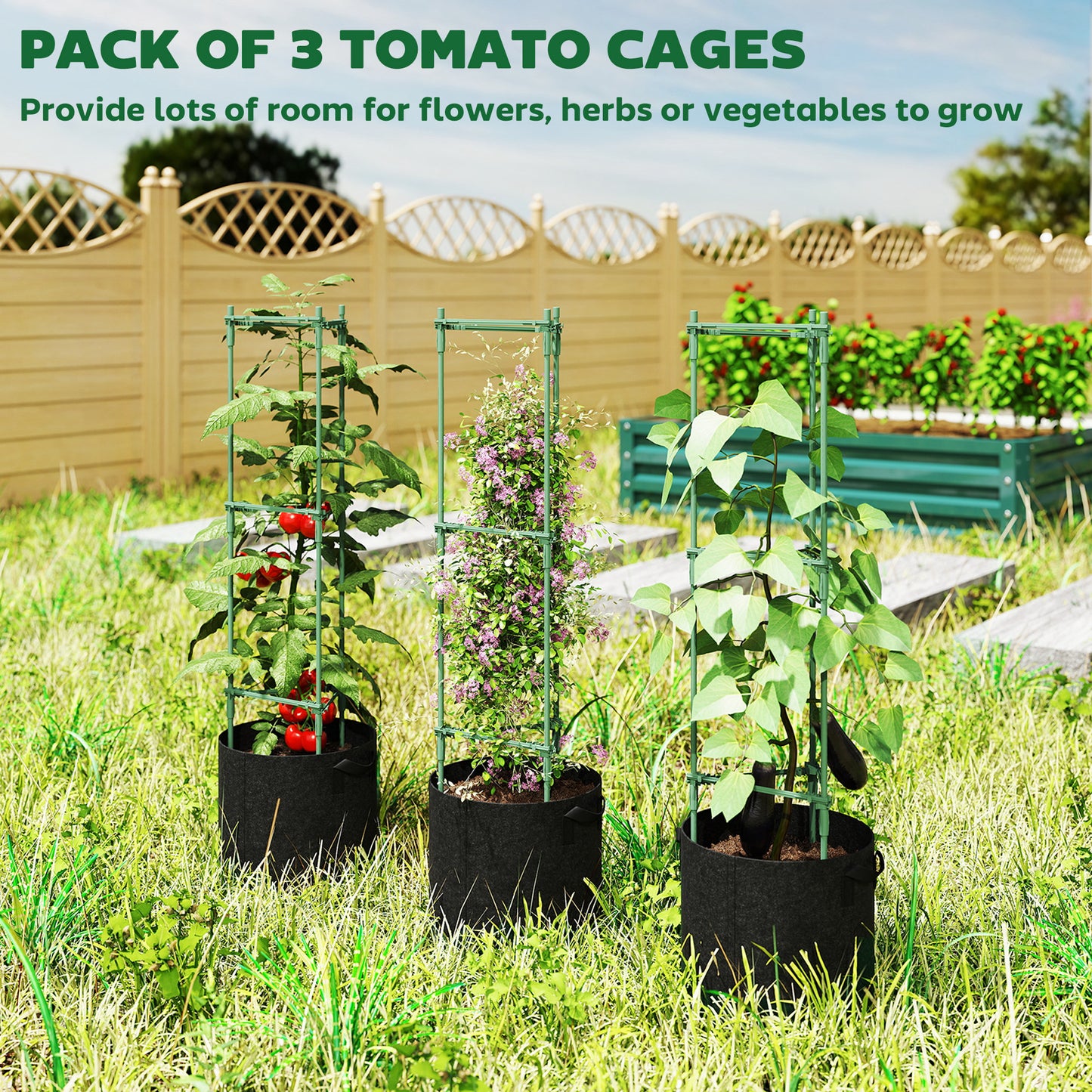 Outsunny 3 Pack Tomato Cages With 83.7L Grow Bags 120cm Adjustable Triangle Plant Stakes Trellis And Planter Bags