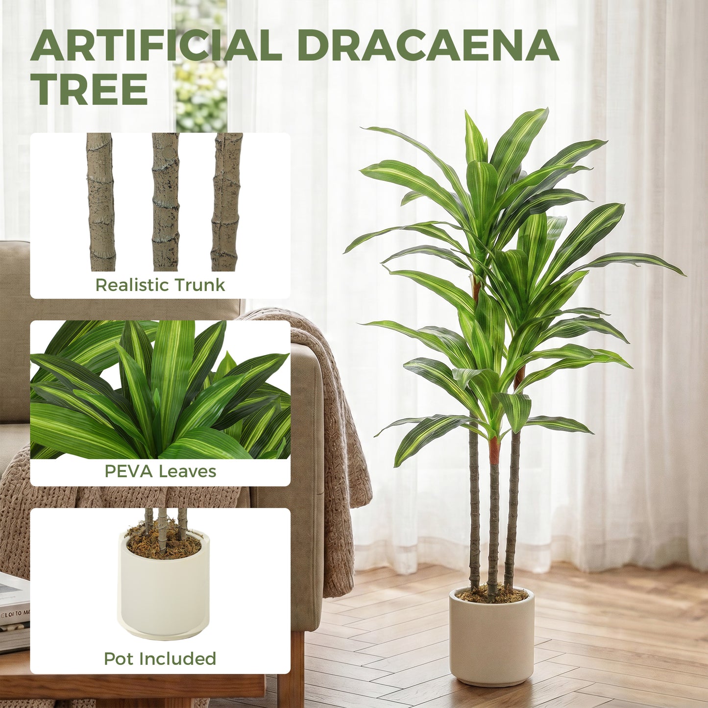 HOMCOM 90cm Lifelike Artificial Dracaena Tree With Bendable Trunks Realistic Green Leaves For Home Decor