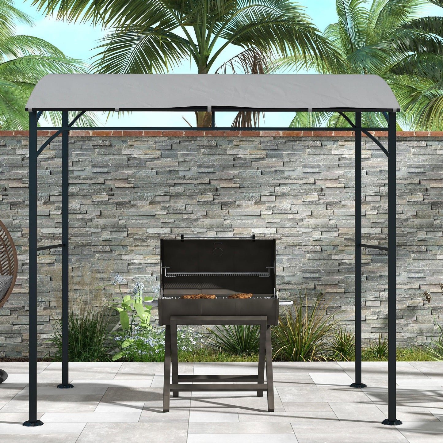 Outsunny 2.2 x 1.5 m BBQ Grill Gazebo Tent, Garden Grill with Metal Frame, Curved Canopy and 10 Hooks, Outdoor Sun Shade, Grey - ALL4U RETAILER LTD