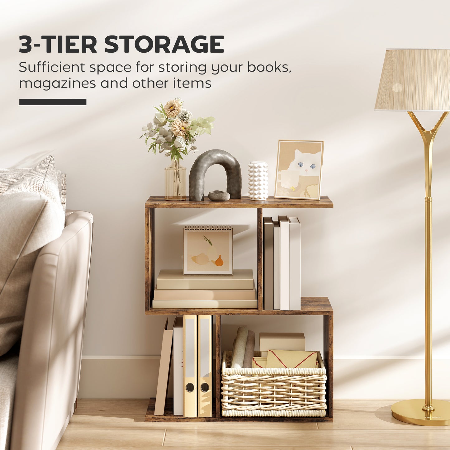 HOMCOM S Shaped Narrow Side Table With Storage Shelves 3 Tier Rustic Brown 50W 19D 58H Cm