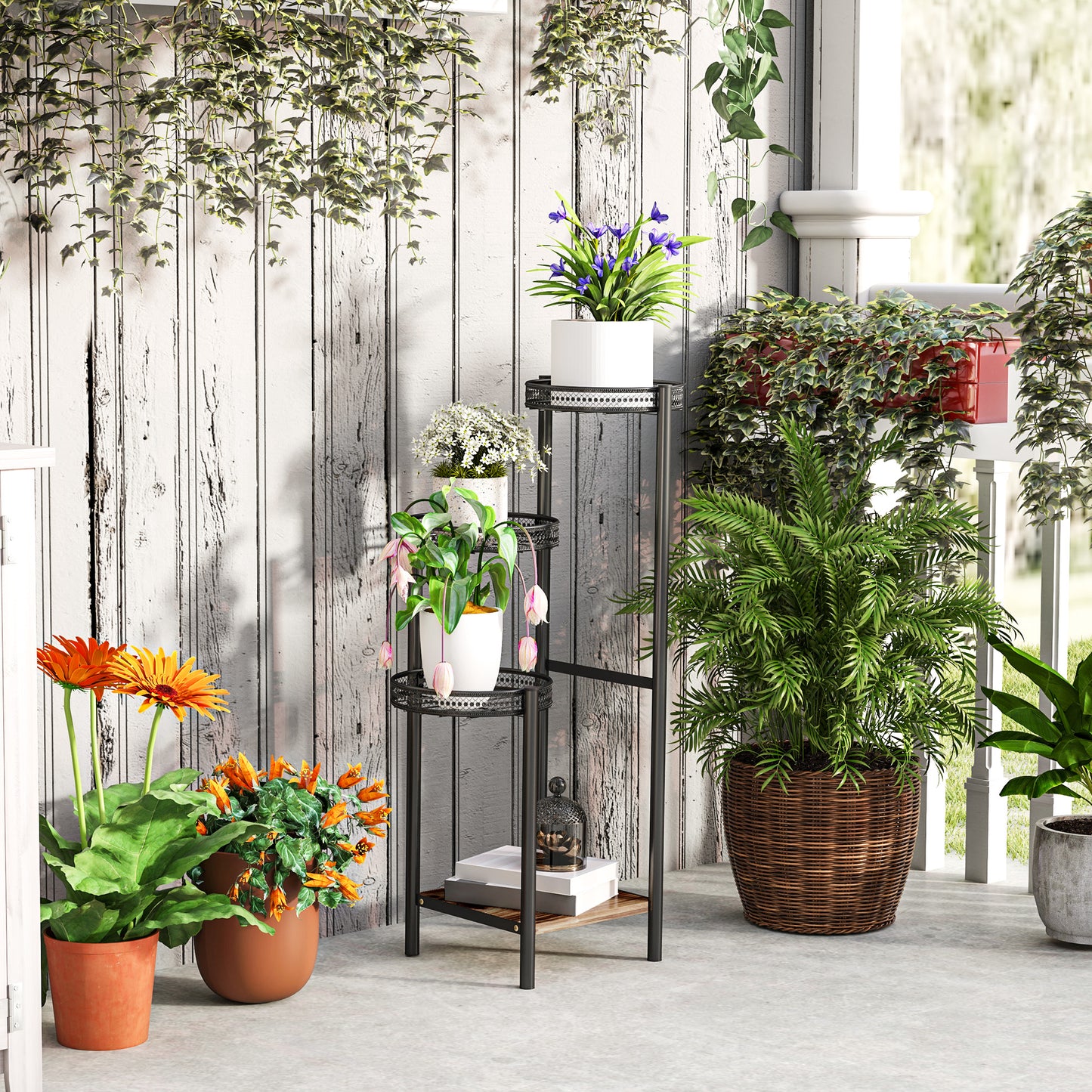 Outsunny Four Tier Steel Plant Stand Black Indoor Outdoor Rust Resistant With Three Planter Trays