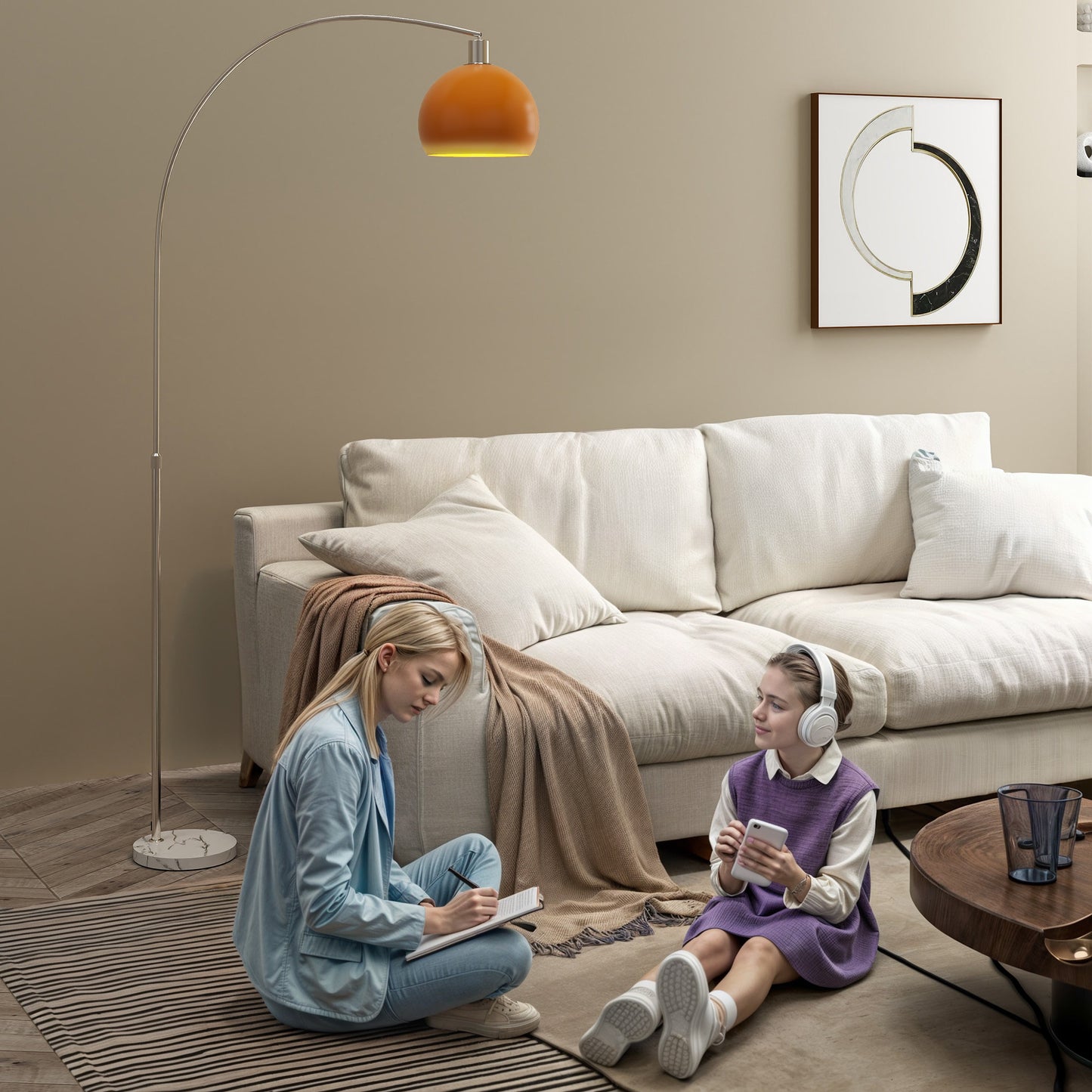 HOMCOM Floor Lamp For Living Room Modern Standing Lamp With Shade And Foot Switch Orange Marble Base Nickel Finish