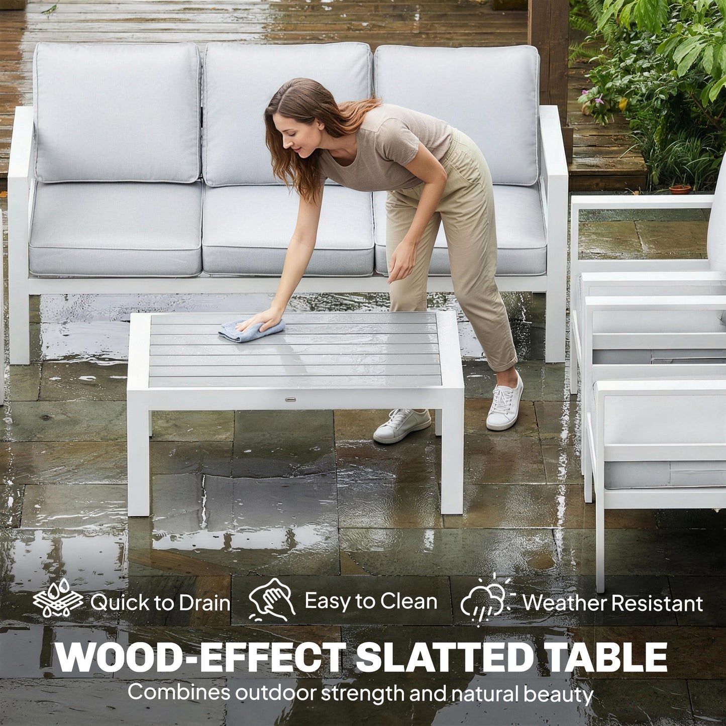 Outsunny 5 Piece Aluminium Garden Furniture Set With Olefin Cushions Extra Deep Outdoor Sofa White