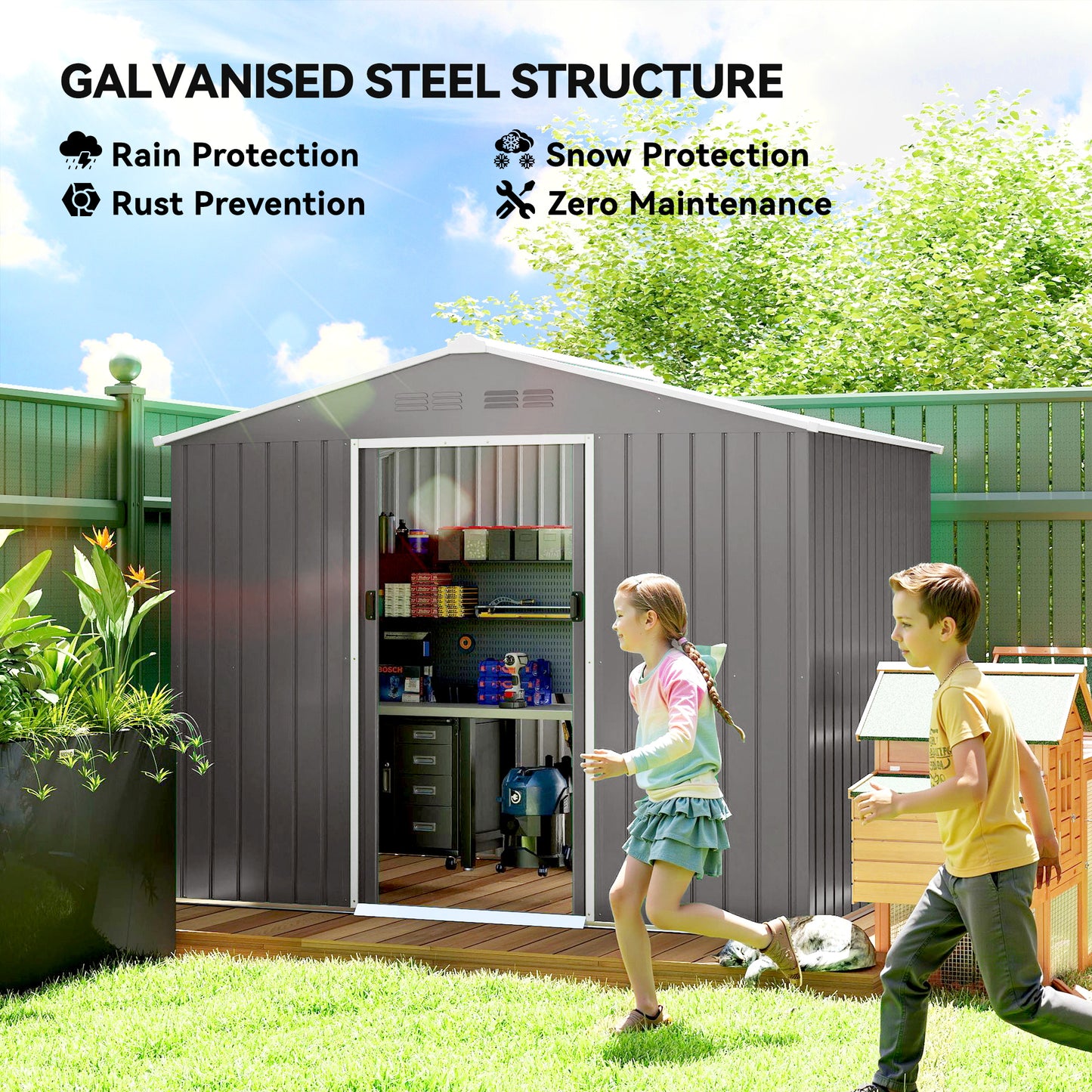 Outsunny 8 By 6 Ft Galvanised Steel Shed With Double Doors For Outdoor Tool And Garden Storage Light Grey