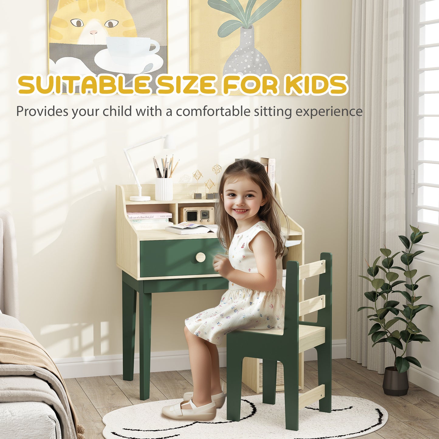 AIYAPLAY Kids Desk and Chair Set with Storage Shelves and Drawer in Green for Homework and Creative Play