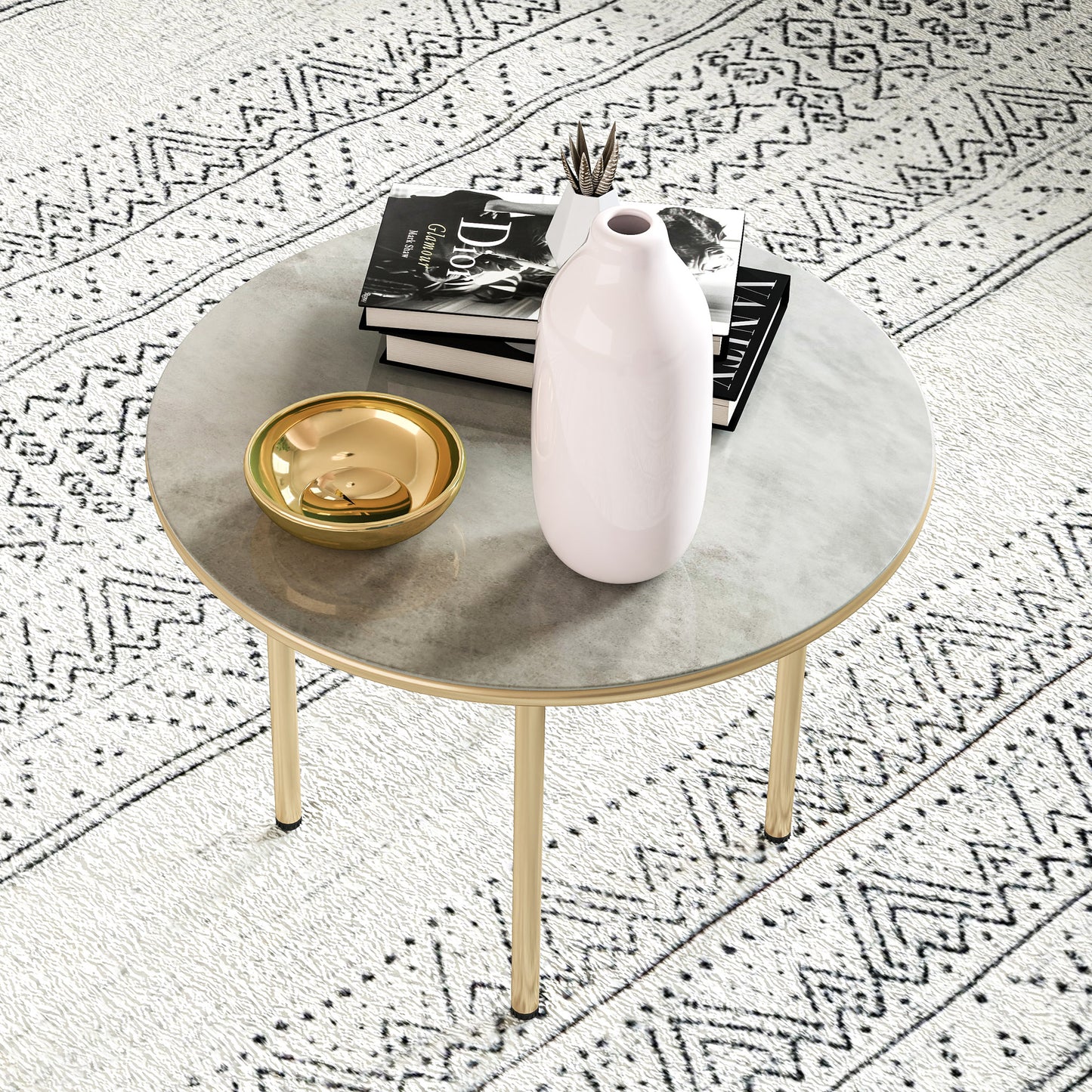 Outsunny Round Coffee Table With Faux Marble Top And Tempered Glass Steel Frame End Side Table For Living Room Beige