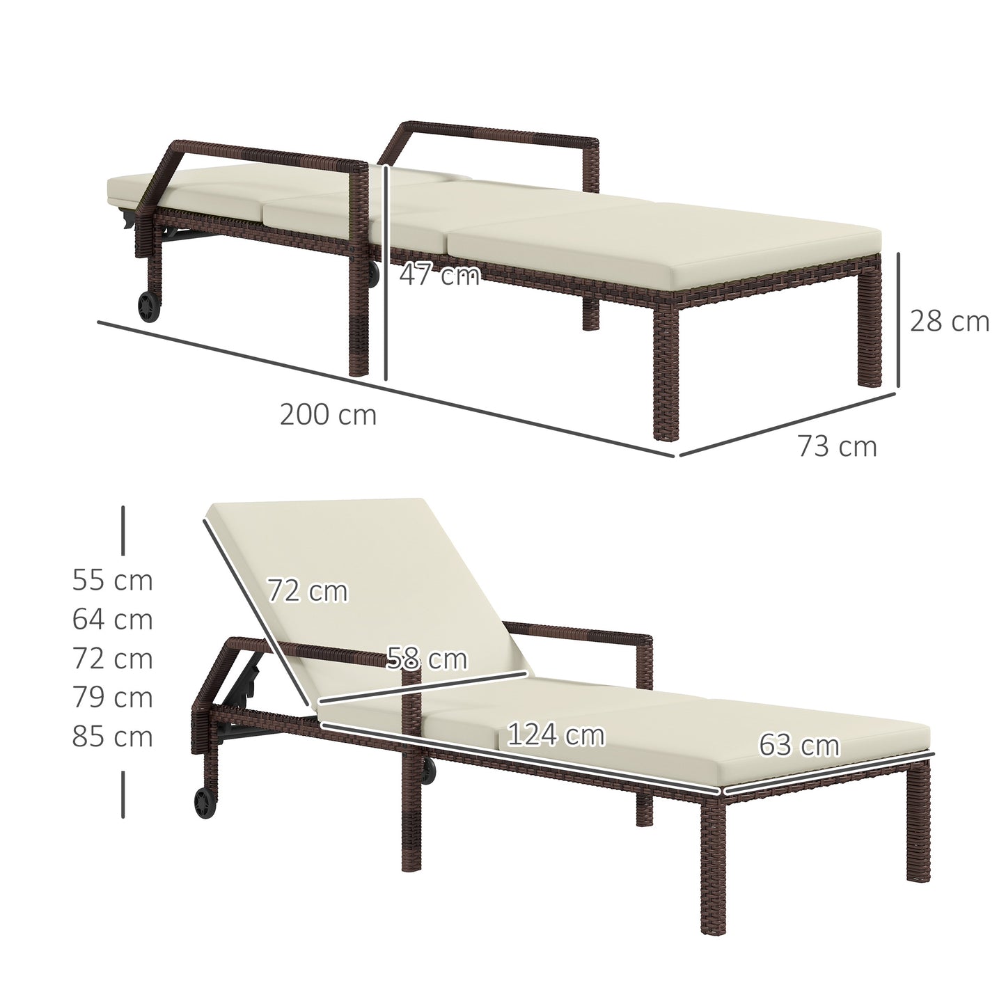 Outsunny Cream White Wicker Sun Lounger Set of 2 with Adjustable Backrest and Wheels - ALL4U RETAILER LTD