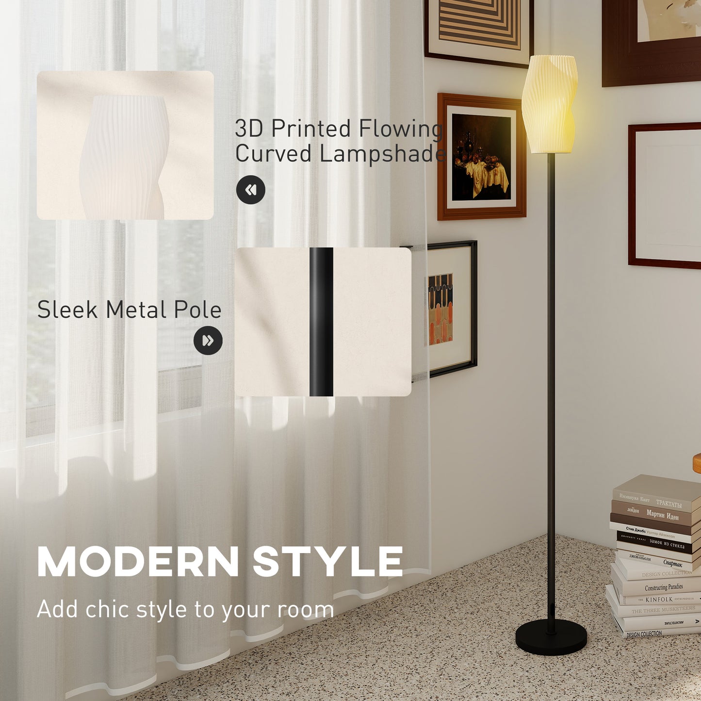 HOMCOM White Floor Lamp Modern 3D Printed Shade With Flowing Curves 3 Color Temperatures Foot Switch Living Room