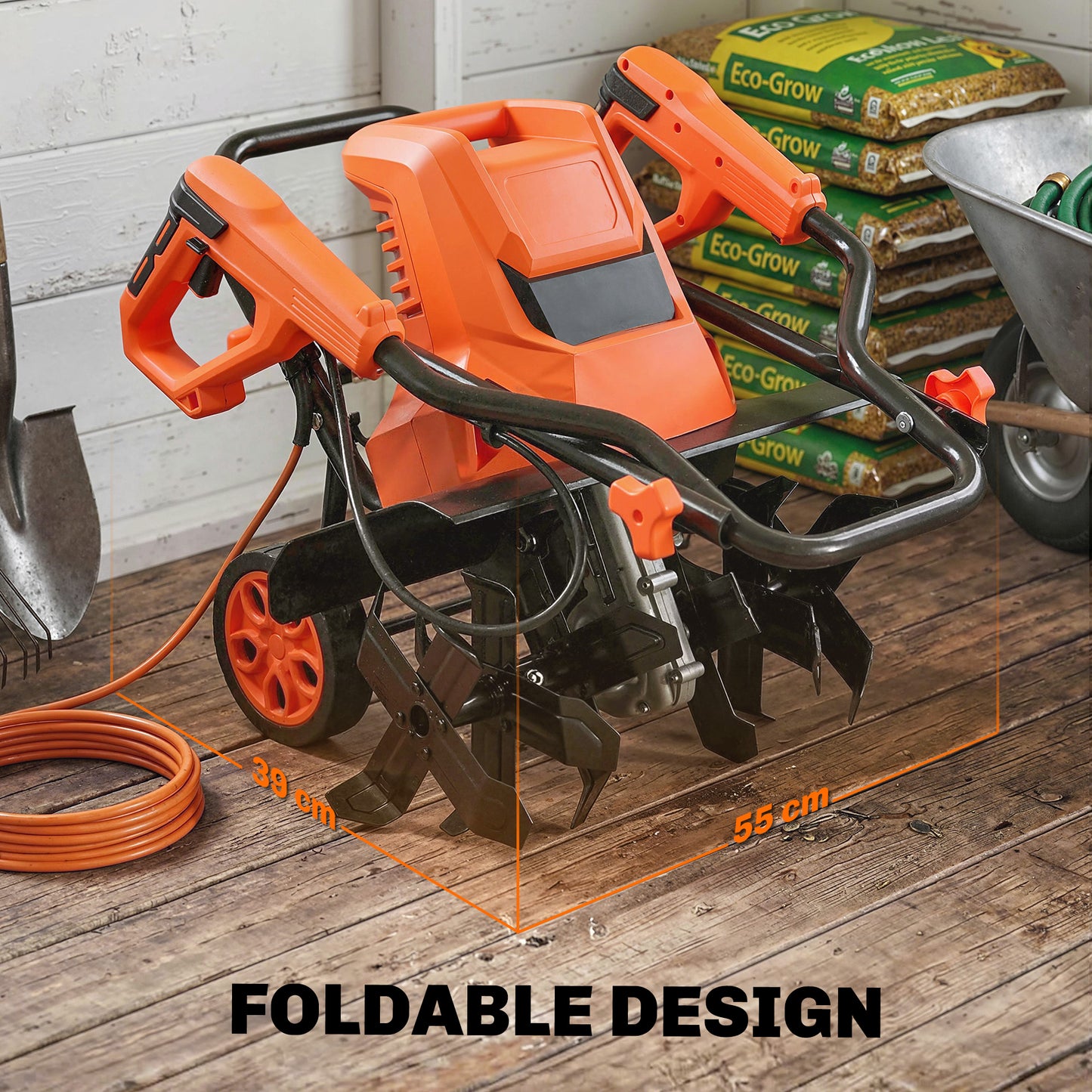 Outsunny 1500W Electric Garden Tiller With Foldable Handle 40cm Width 20cm Tilling Depth 6 Blades 2 Adjustable Wheels
