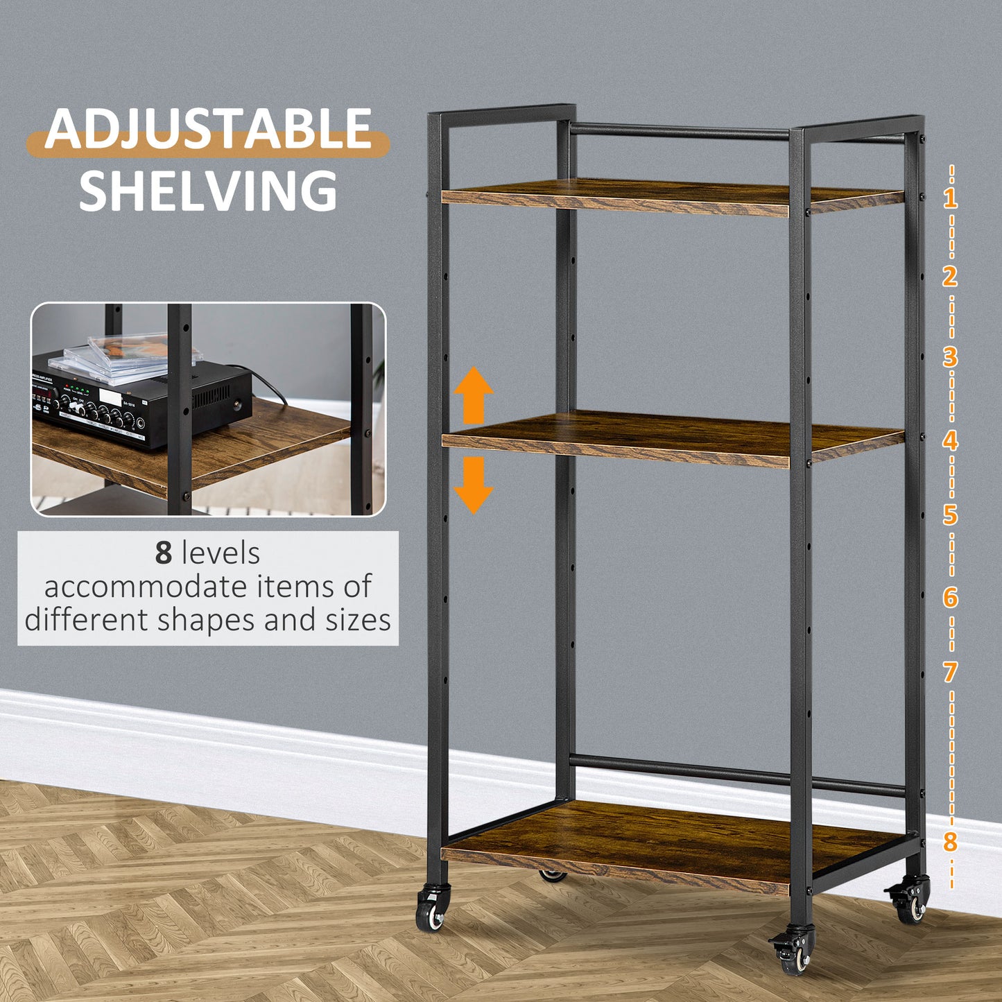 HOMCOM 3 Tier Printer Stand Utility Cart Rolling Trolley With Adjustable Shelves Lockable Wheels Rustic Brown