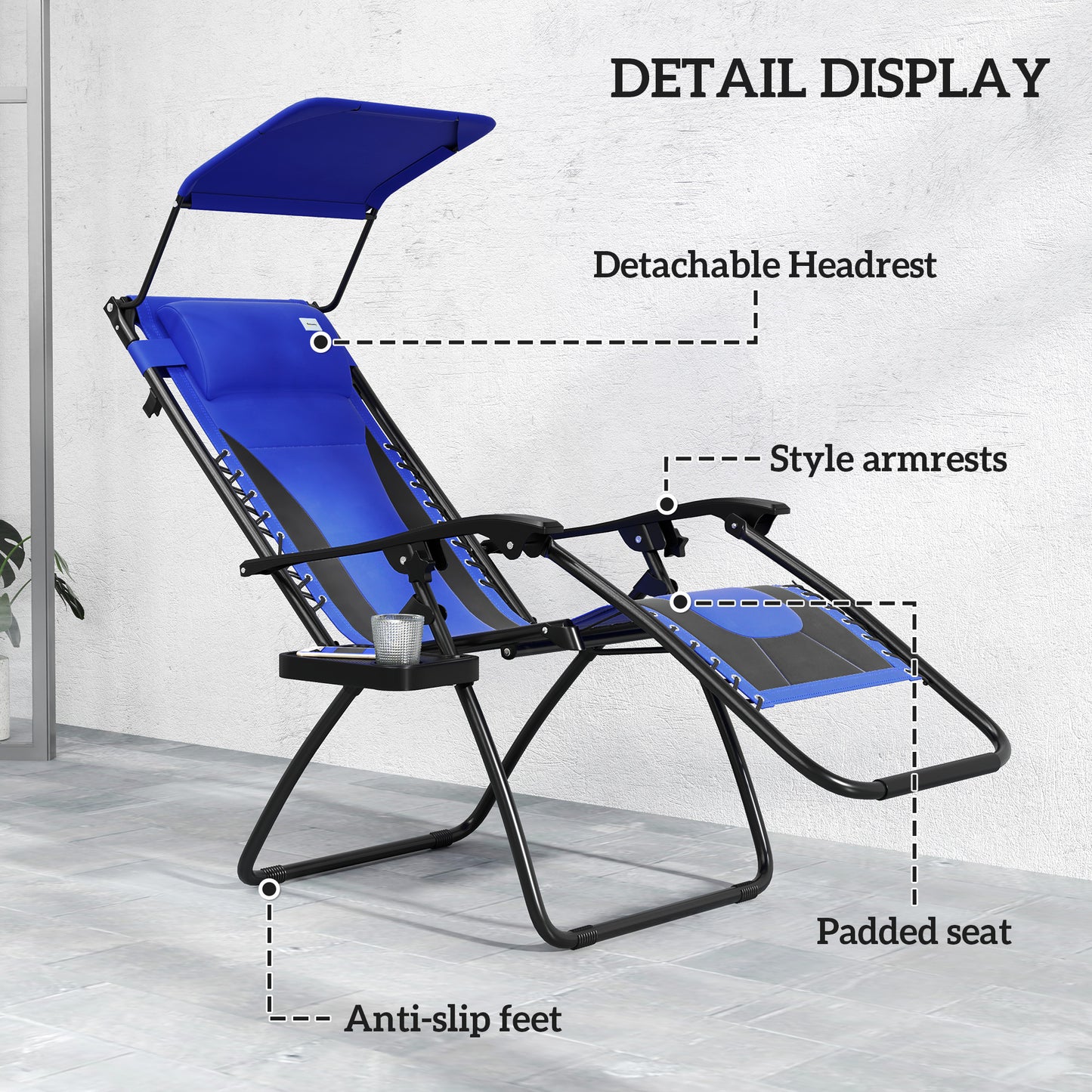 Outsunny Zero Gravity Lounger Chair Folding Recliner With Shade Cover Padded Seat Cup Holder And Headrest Blue