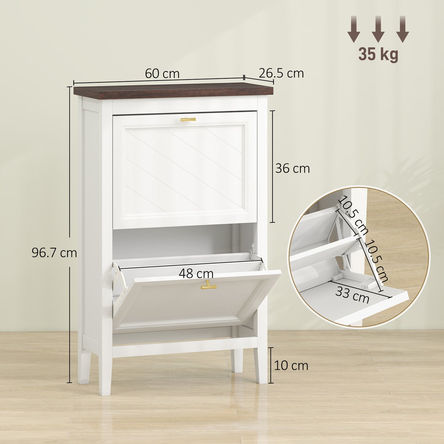 HOMCOM Narrow Farmhouse Shoe Cabinet With 2 Flip Drawers And Adjustable Shelves In White