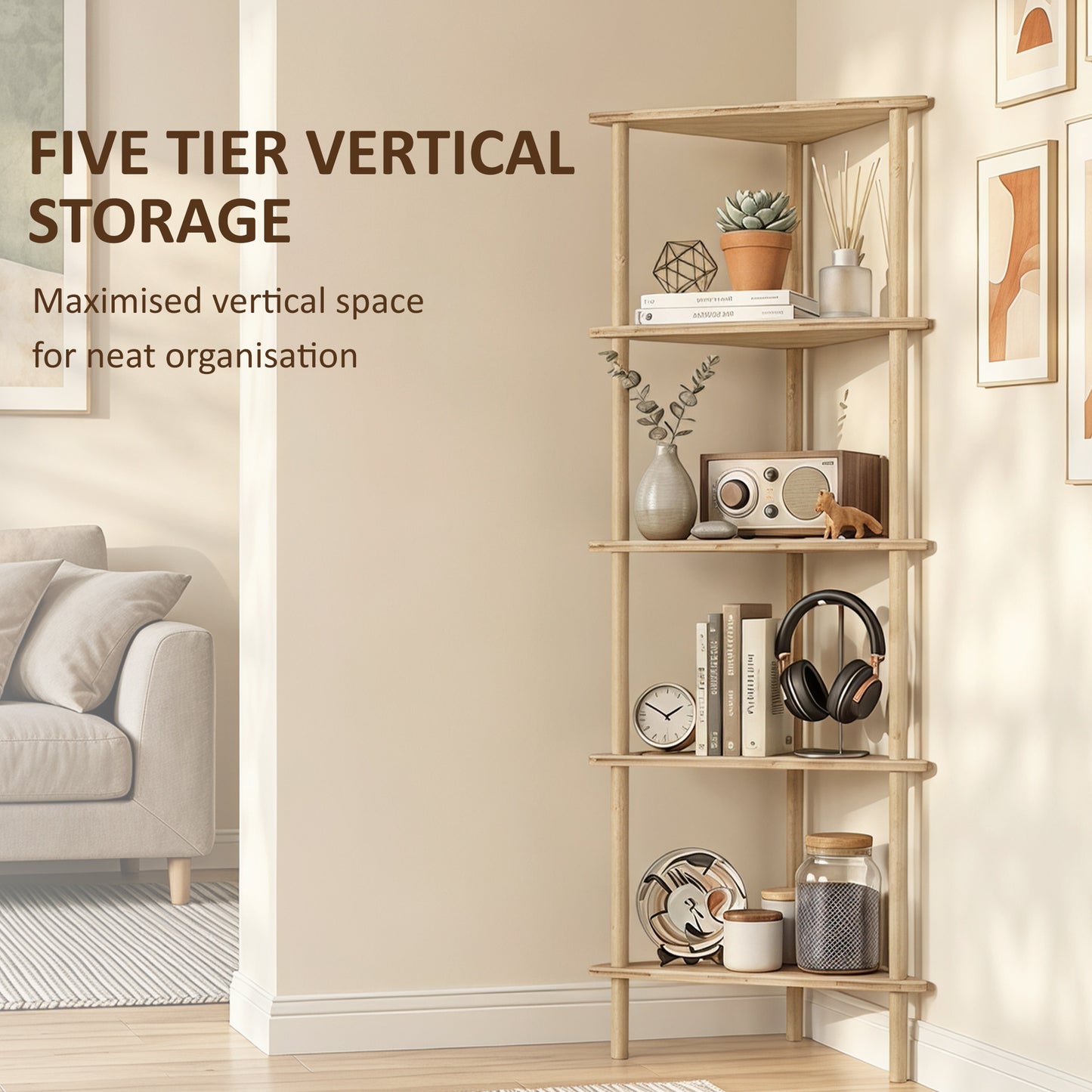 HOMCOM Bamboo Storage Shelf Five Tier Corner Shelf Freestanding Shelving Unit Living Room Natural Wood Finish
