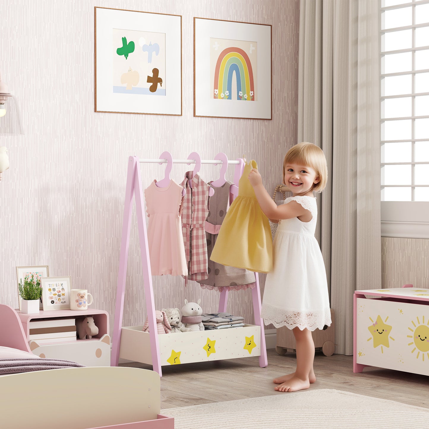 AIYAPLAY Baby Clothing Rack With Hangers And Storage Shelf For Bedroom Star Theme Pink Ages 3 To 6