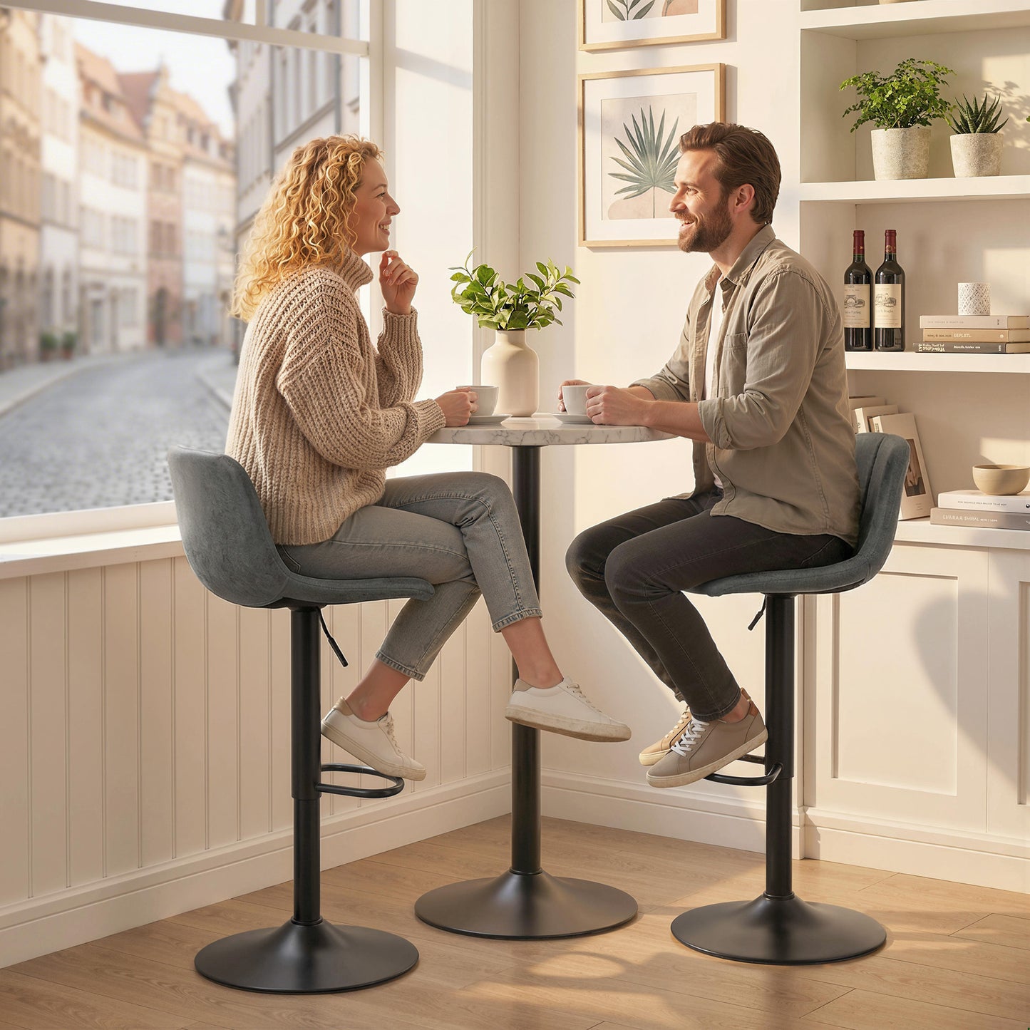 HOMCOM Bar Stools Set Of 2 Modern Swivel Barstools With Footrest Adjustable Height 60 cm To 82 cm For Kitchen Island Grey
