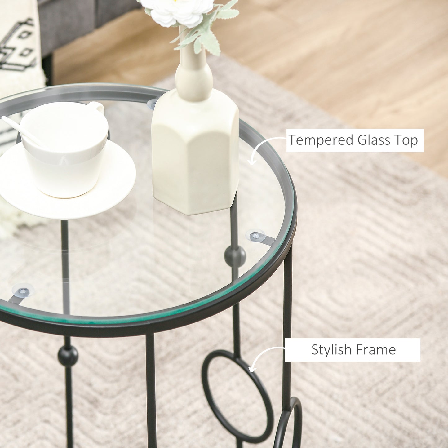 HOMCOM Nesting Round Coffee Tables Set Of 2 Black With Metal Hoop Frame And Tempered Glass Tops