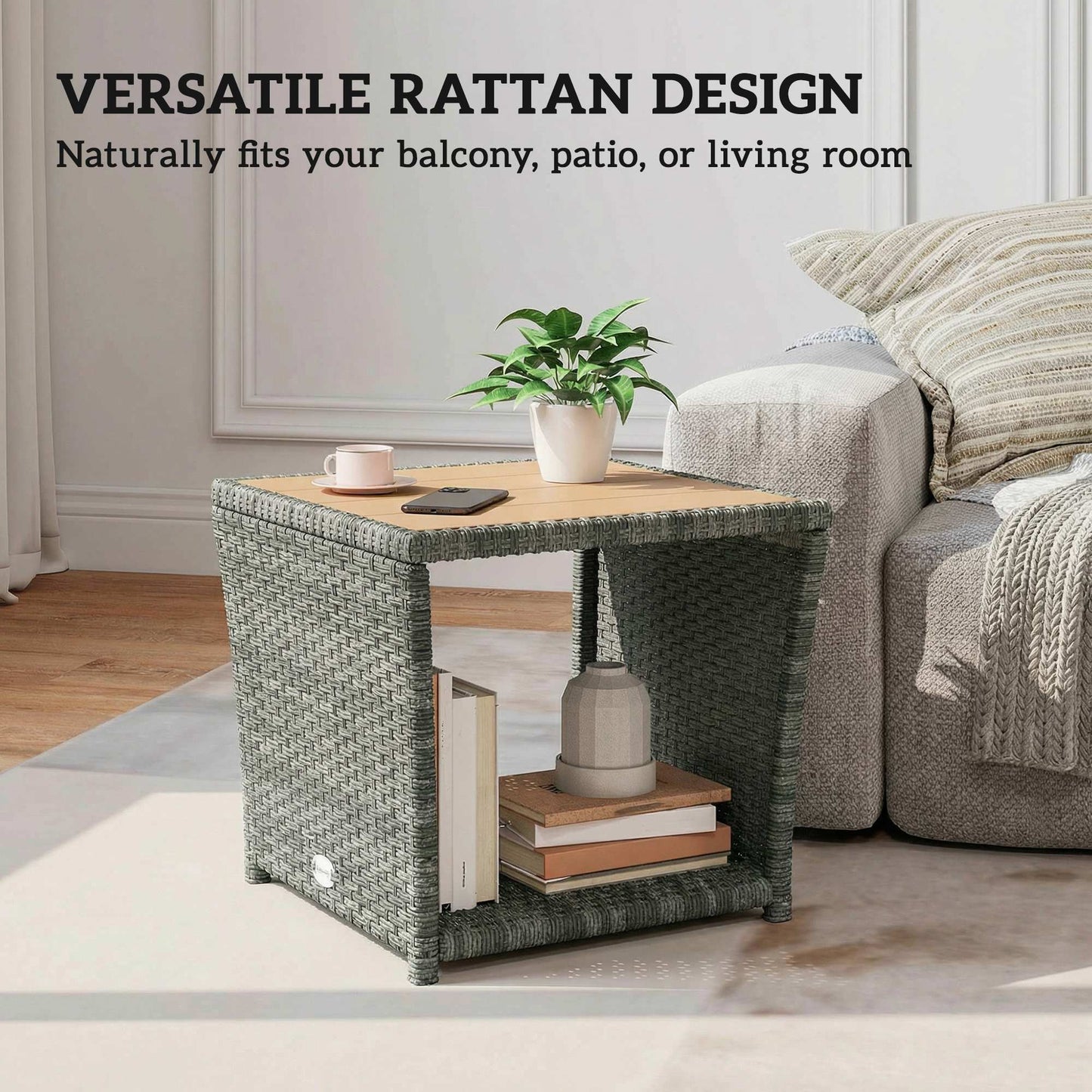Outsunny Two Tier Outdoor Coffee Table With Storage Shelf And Wood Slat Top Light Grey