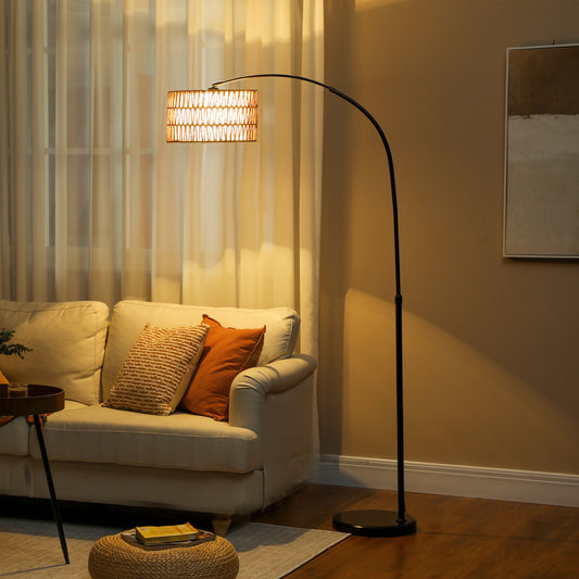 HOMCOM Rattan Floor Lamp Arc Farmhouse Standing Lamp With Dual Layer Shade Foot Switch Height Adjustable Black