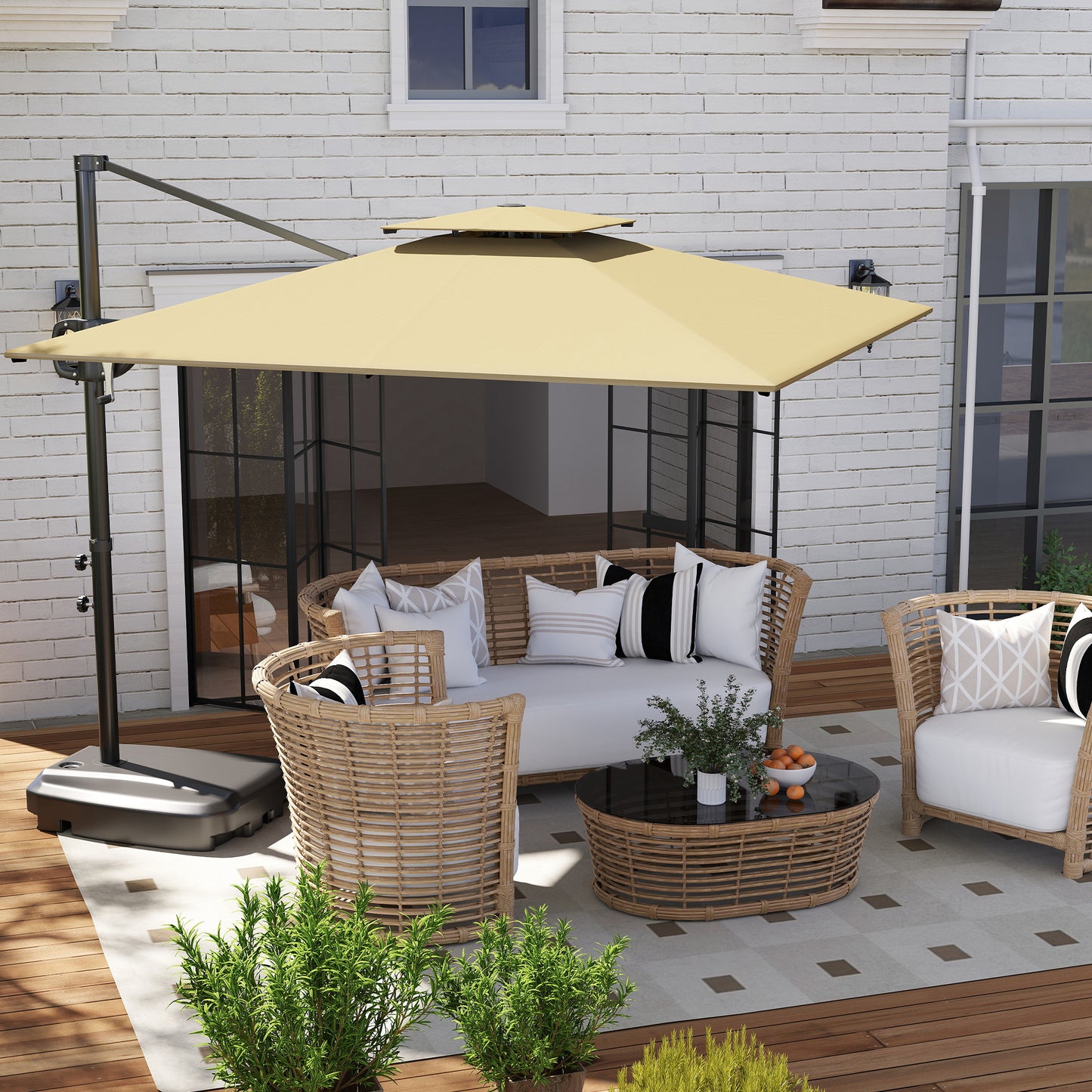 Outsunny Cantilever Parasol With Weighted Base And Crank Tilt For Garden Patio UV Protection Khaki