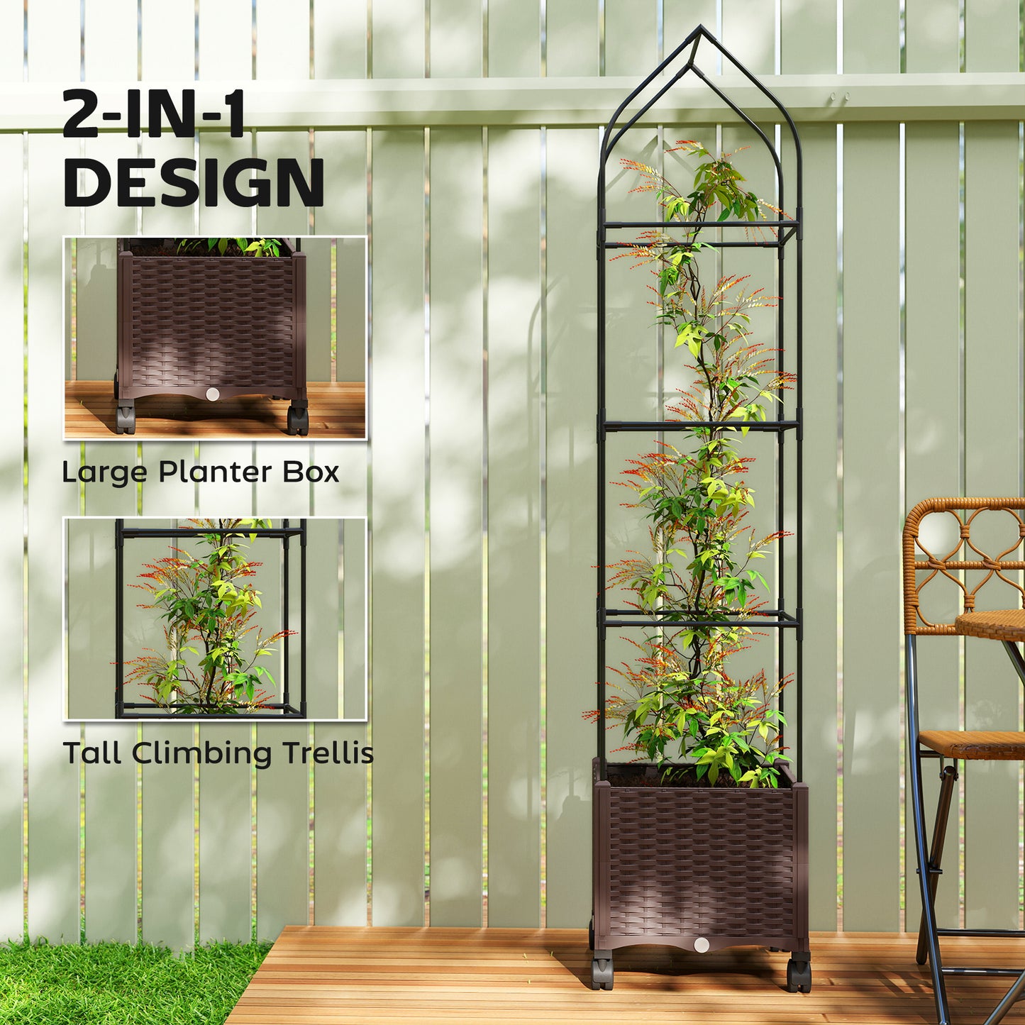 Outsunny Raised Garden Bed On Wheels With Trellis And Tomato Cage Self Watering Planter Box With Drainage Holes Brown