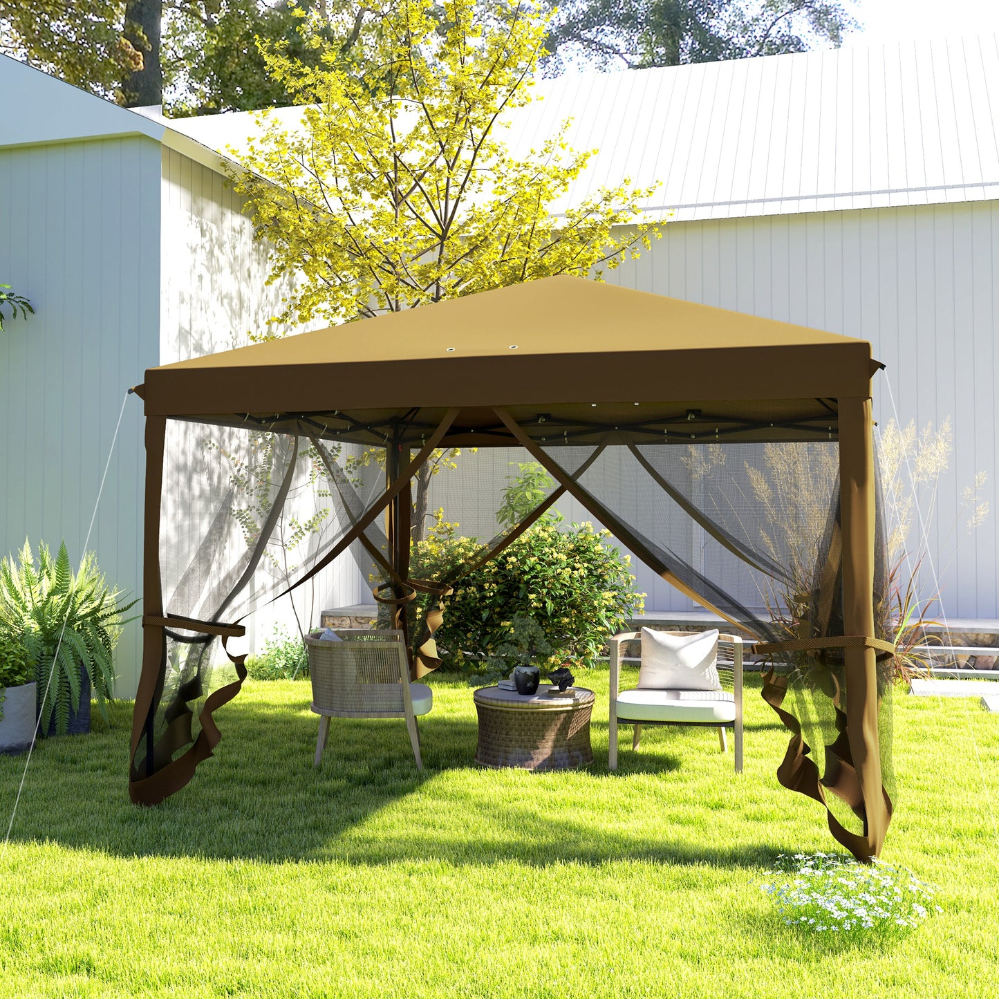 Outsunny 3x3m Pop Up Gazebo With 420D Canopy, Removable Mesh Sidewalls, Carry Bag, Garden Patio Outdoor Khaki