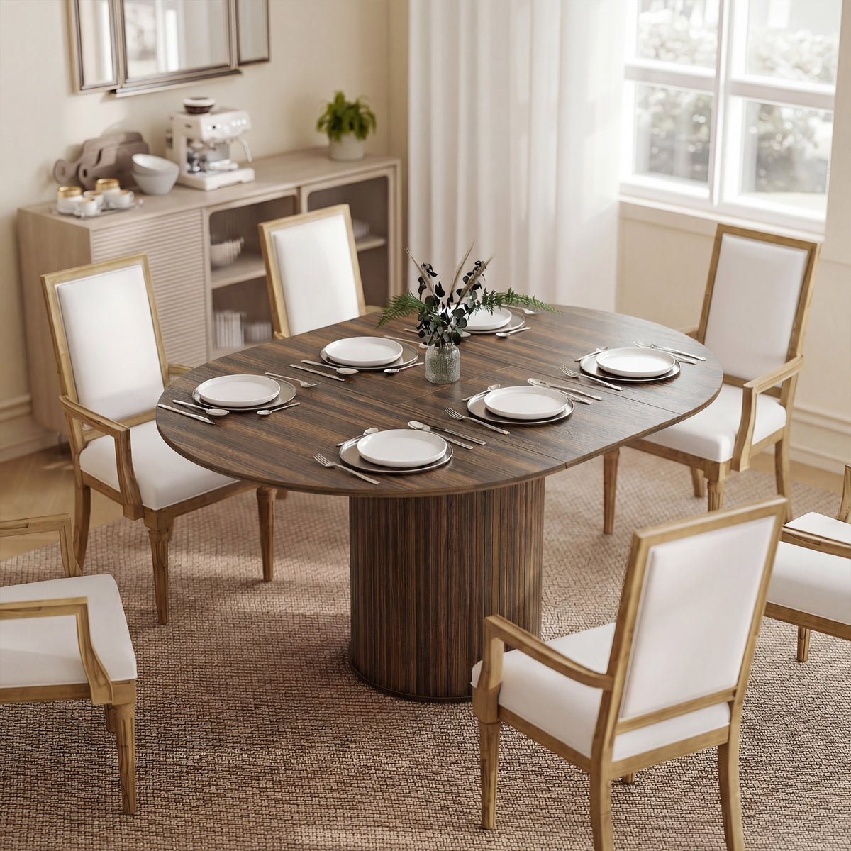 Round dining table with dark wood top and pedestal base, set with chairs and dinnerware
