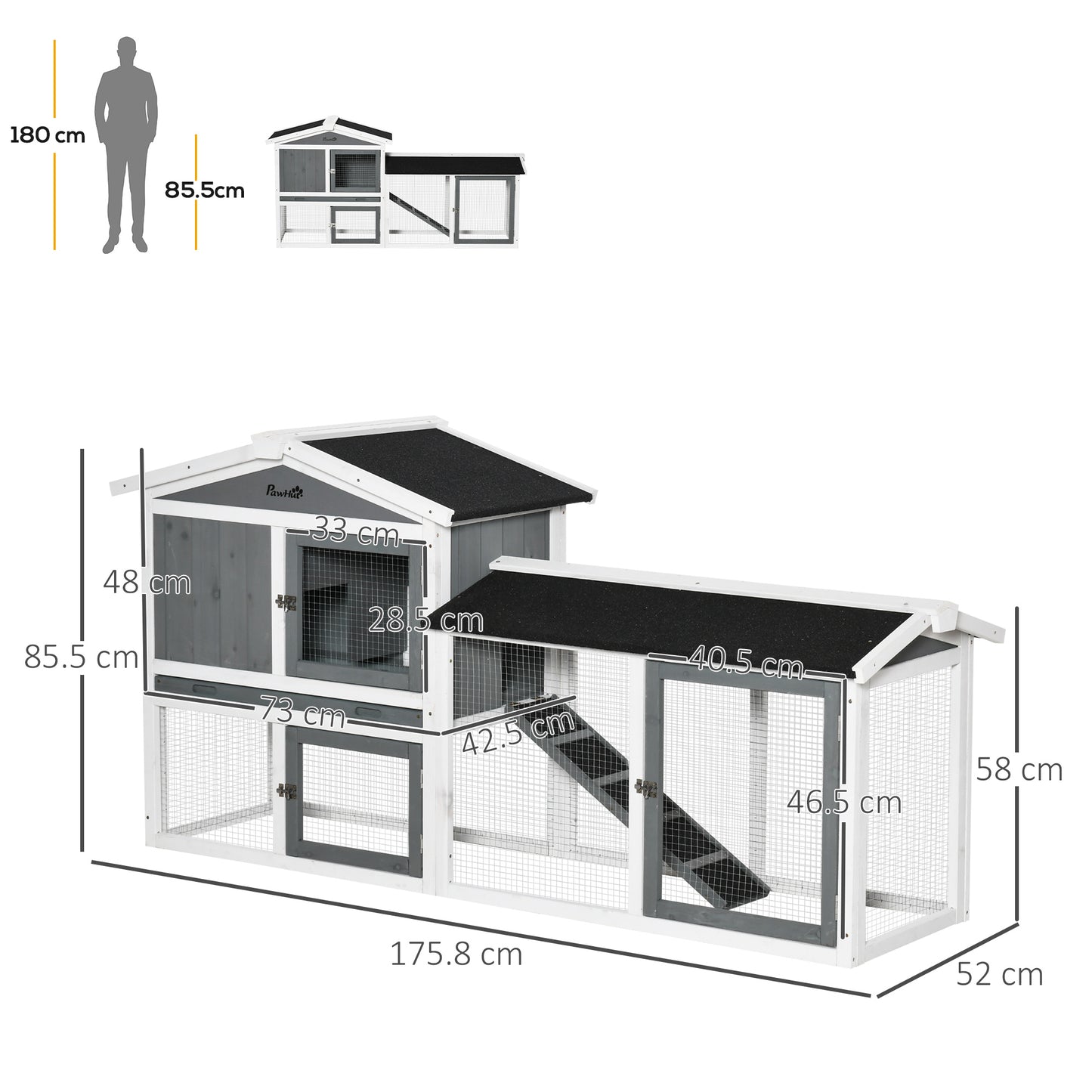 PawHut Spacious 2-Tier Wooden Rabbit Hutch with Run Box, Slide-out Tray, Ideal for Small Animals - 175.8 x 52 x 85.5cm, White - ALL4U RETAILER LTD