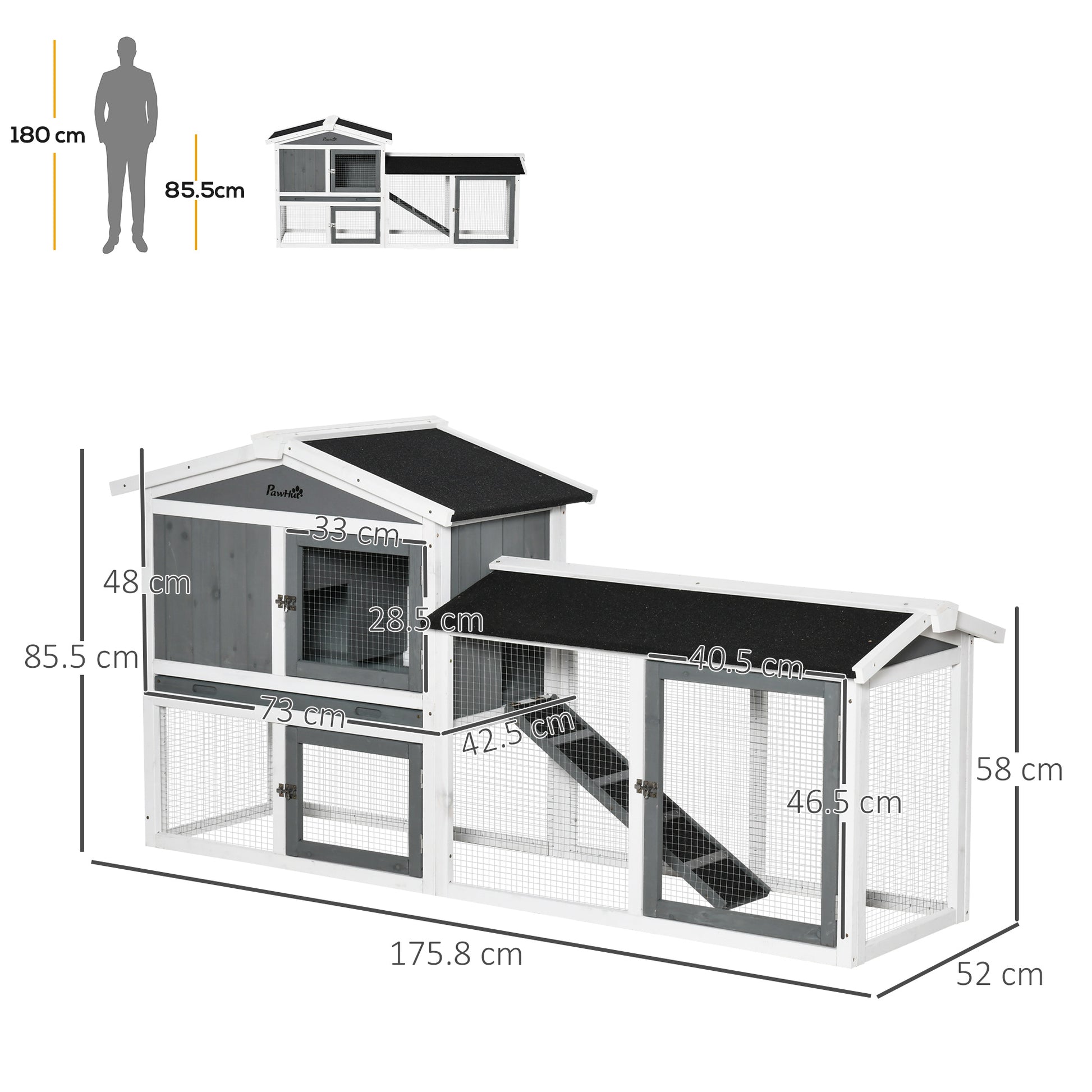 PawHut Spacious 2-Tier Wooden Rabbit Hutch with Run Box, Slide-out Tray, Ideal for Small Animals - 175.8 x 52 x 85.5cm, White - ALL4U RETAILER LTD