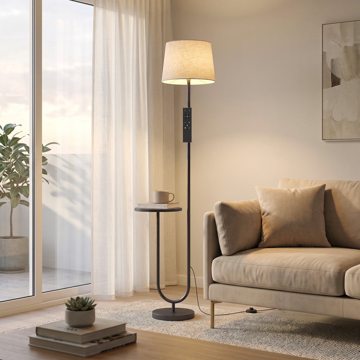 Floor lamp with linen shade and round side shelf in living room setting