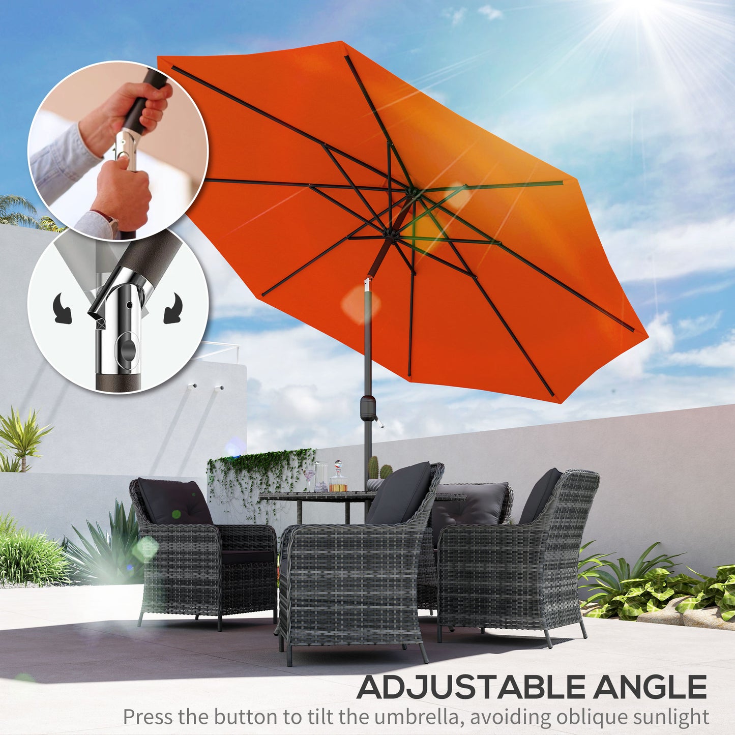 Outsunny 3 m Garden Parasol Umbrella With 8 Ribs Tilt Crank Handle For Balcony Bench Garden Orange